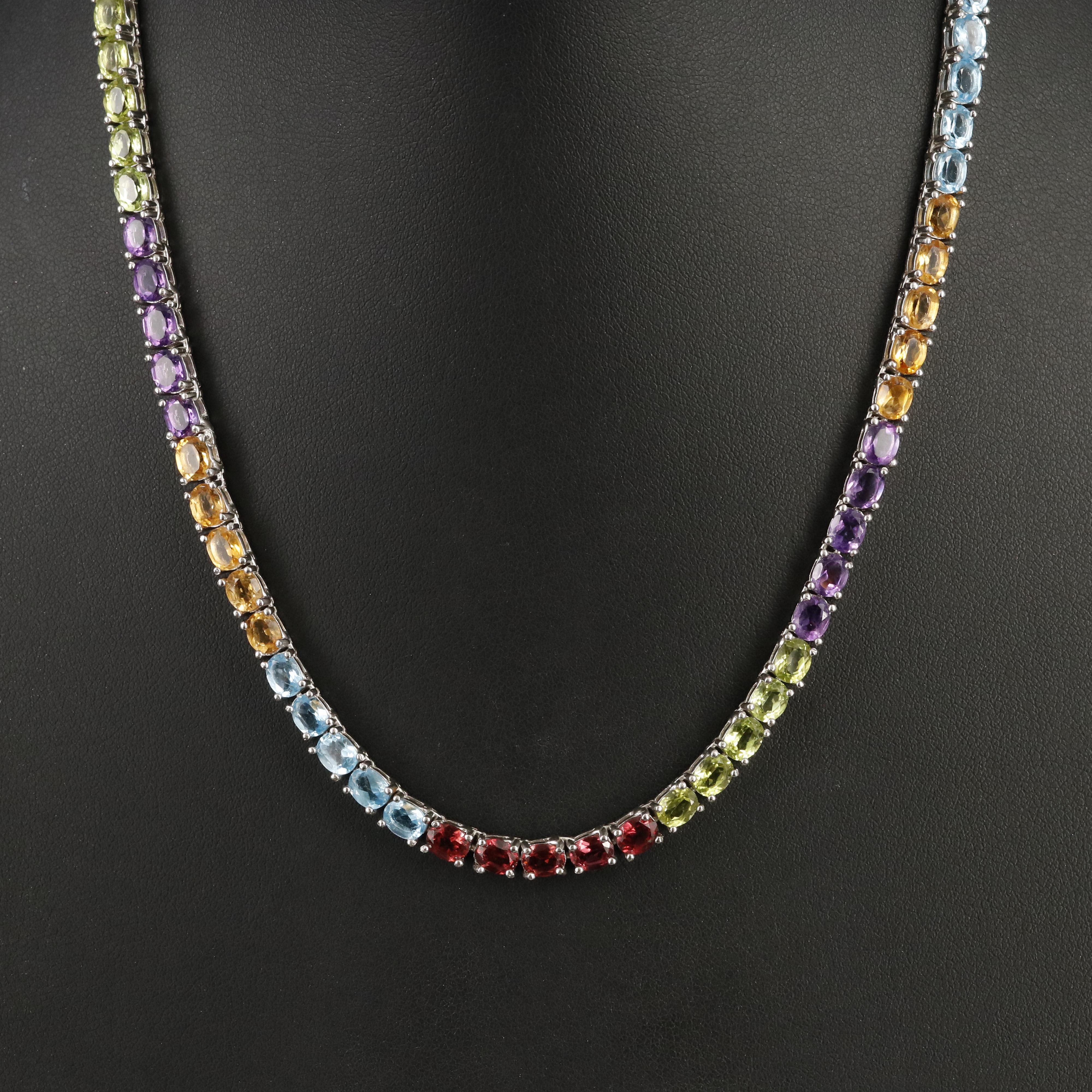 Sterling Amethyst, Peridot and Gemstone Rivière Necklace