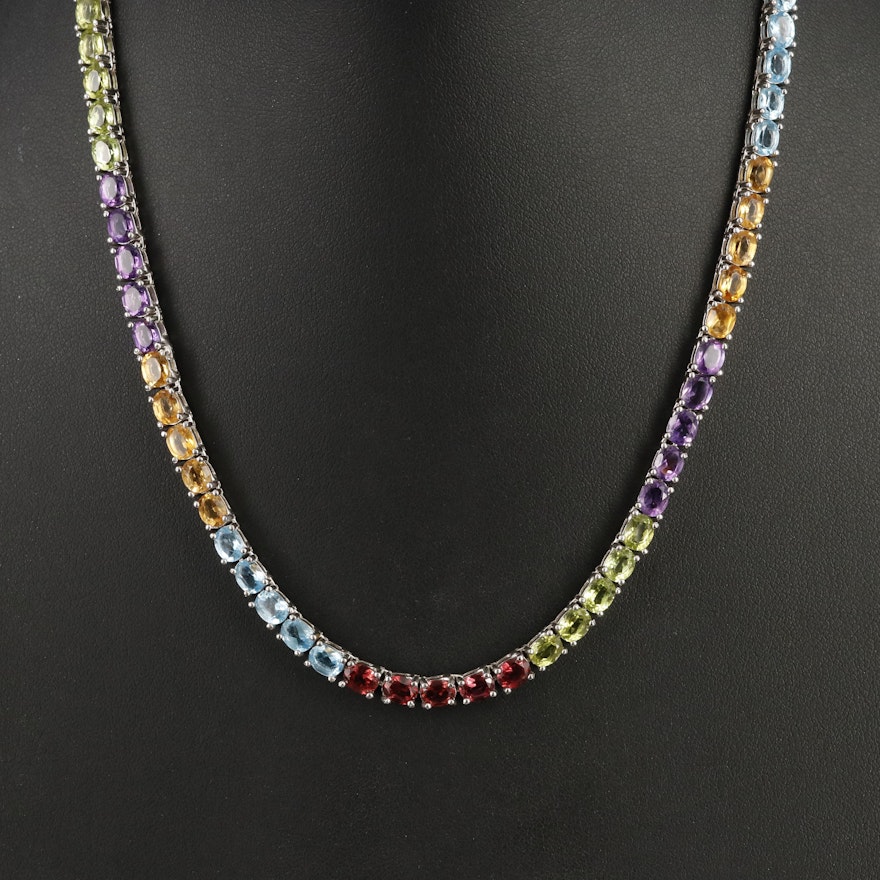 Sterling Amethyst, Peridot and Gemstone Rivière Necklace