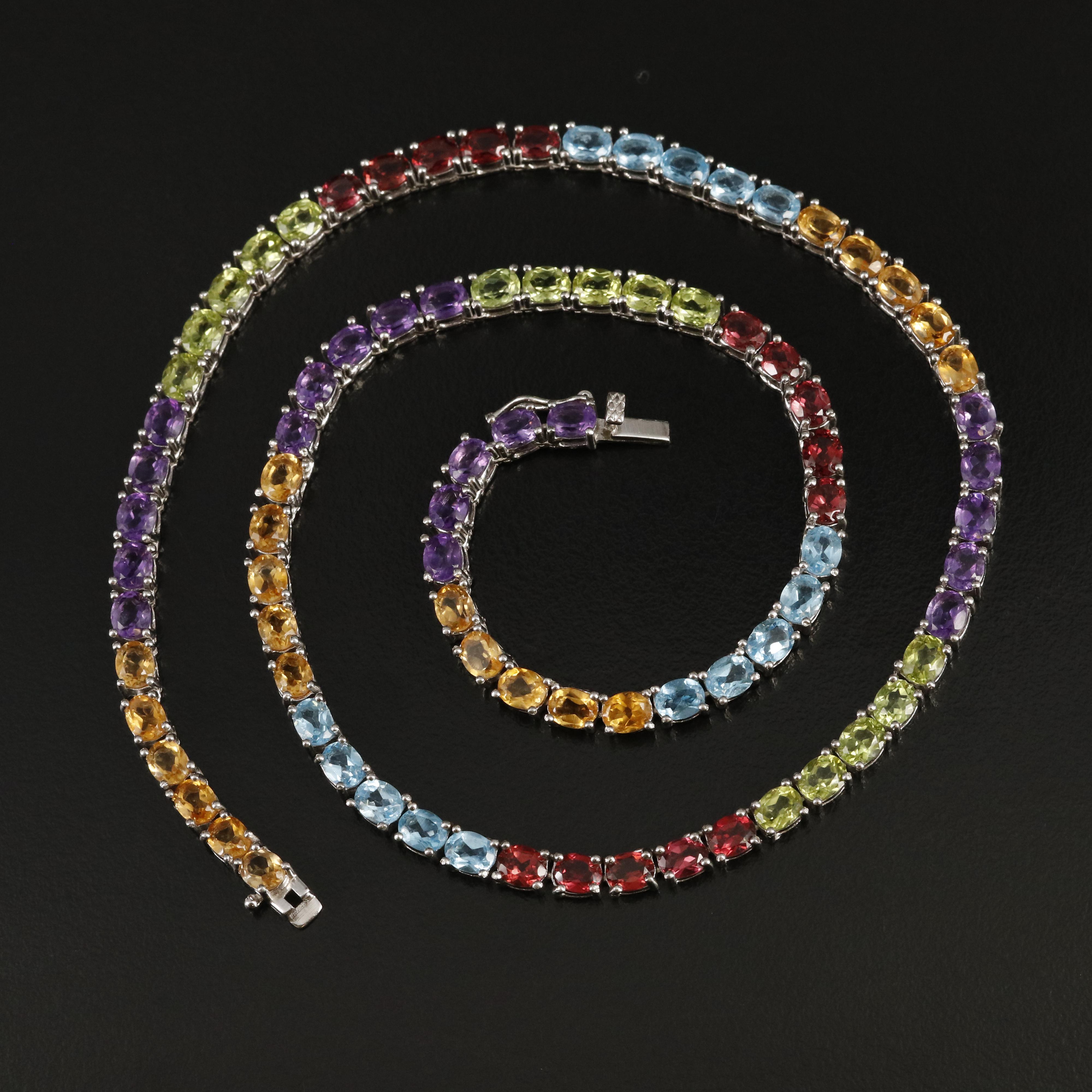 Sterling Amethyst, Peridot and Gemstone Rivière Necklace