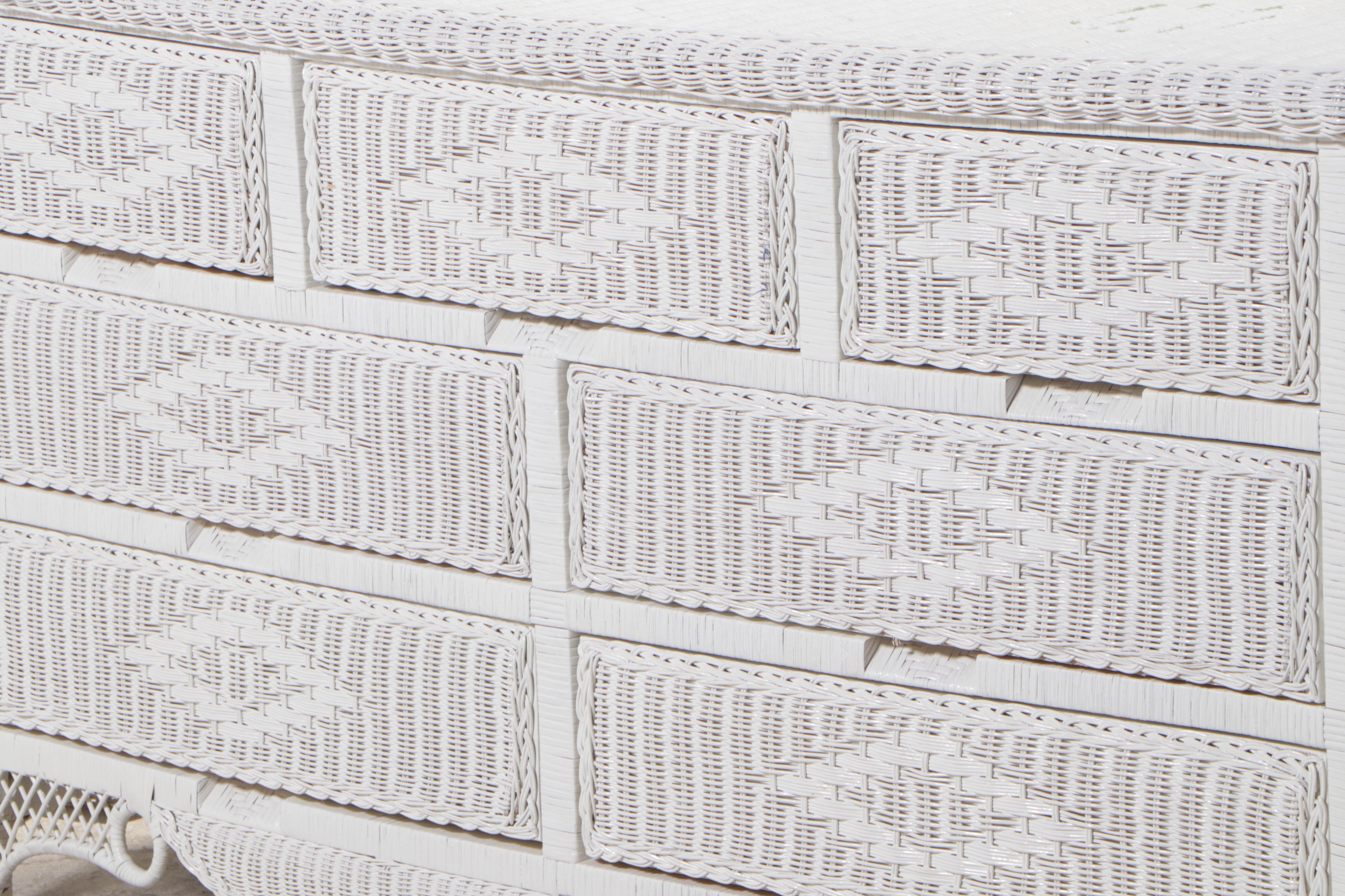 White-Painted Wicker Seven-Drawer Serpentine-Front Chest, Late 20th Century