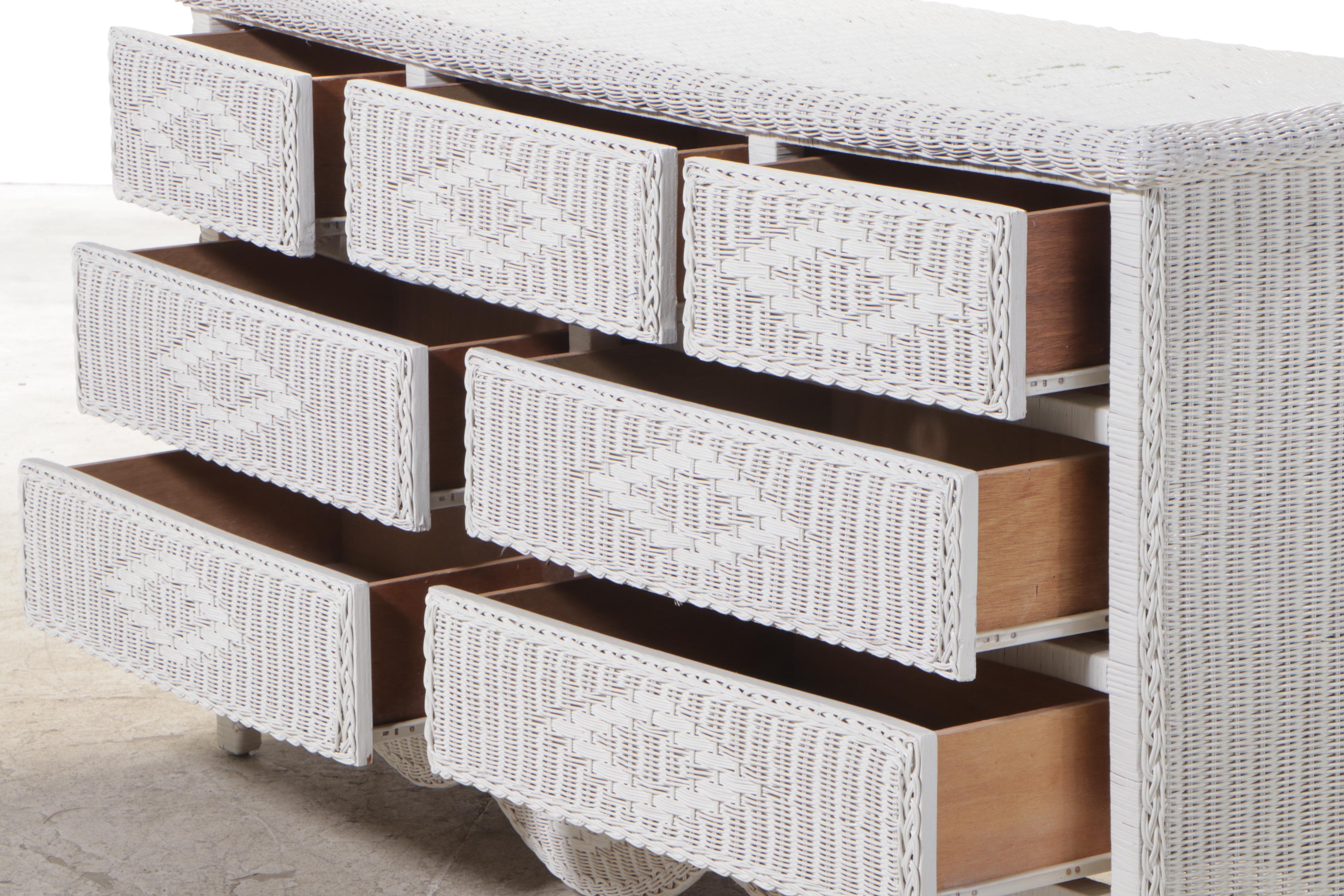 White-Painted Wicker Seven-Drawer Serpentine-Front Chest, Late 20th Century