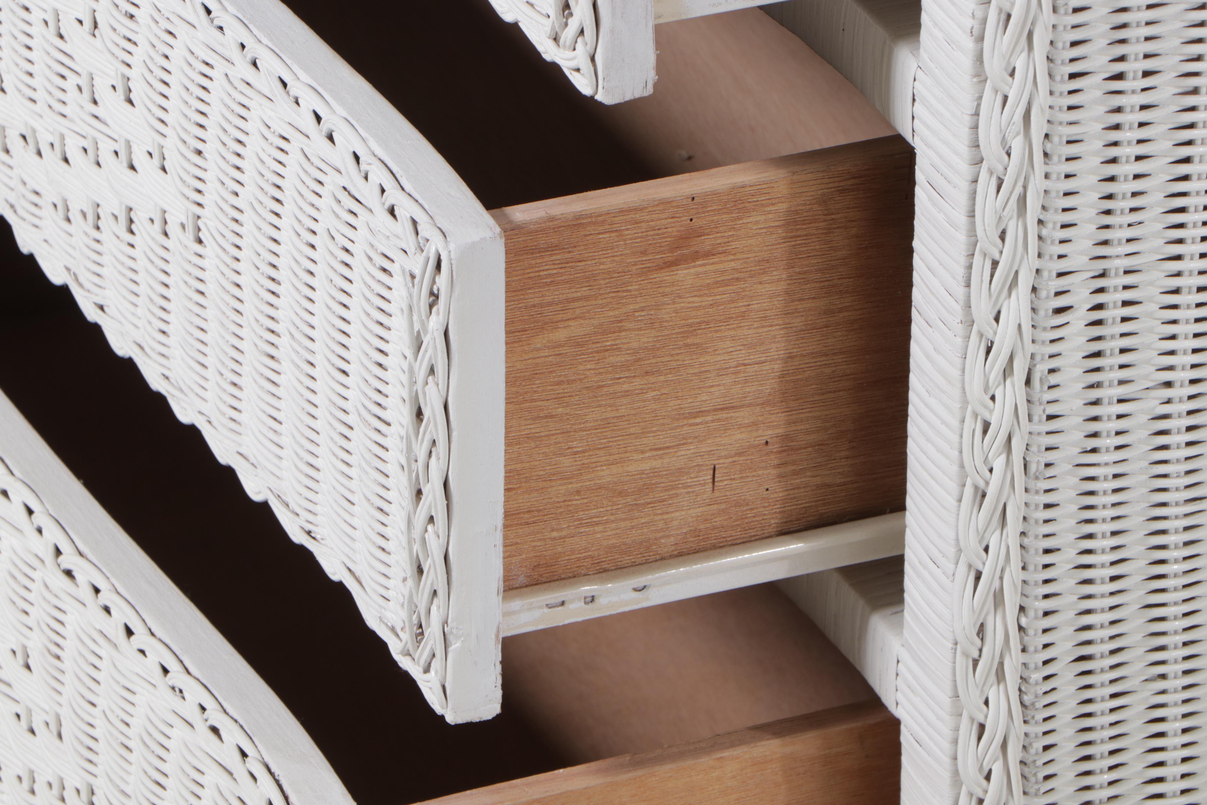 White-Painted Wicker Seven-Drawer Serpentine-Front Chest, Late 20th Century