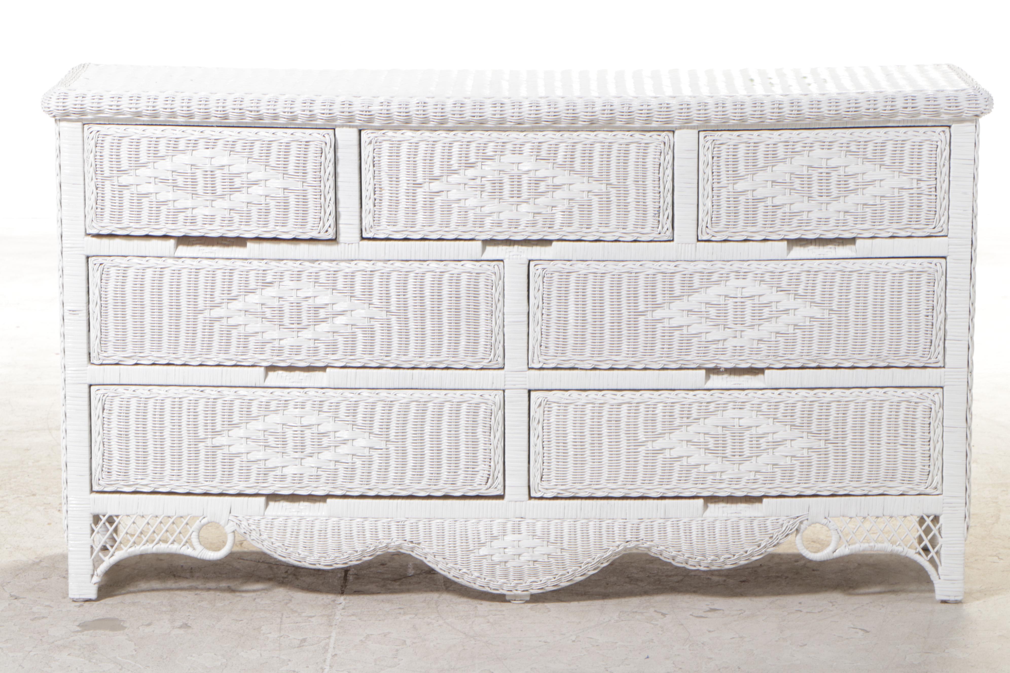 White-Painted Wicker Seven-Drawer Serpentine-Front Chest, Late 20th Century