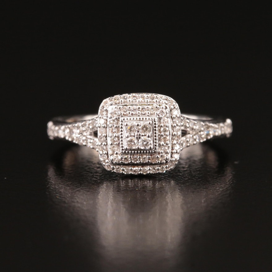 Sterling Diamond Square Halo Ring