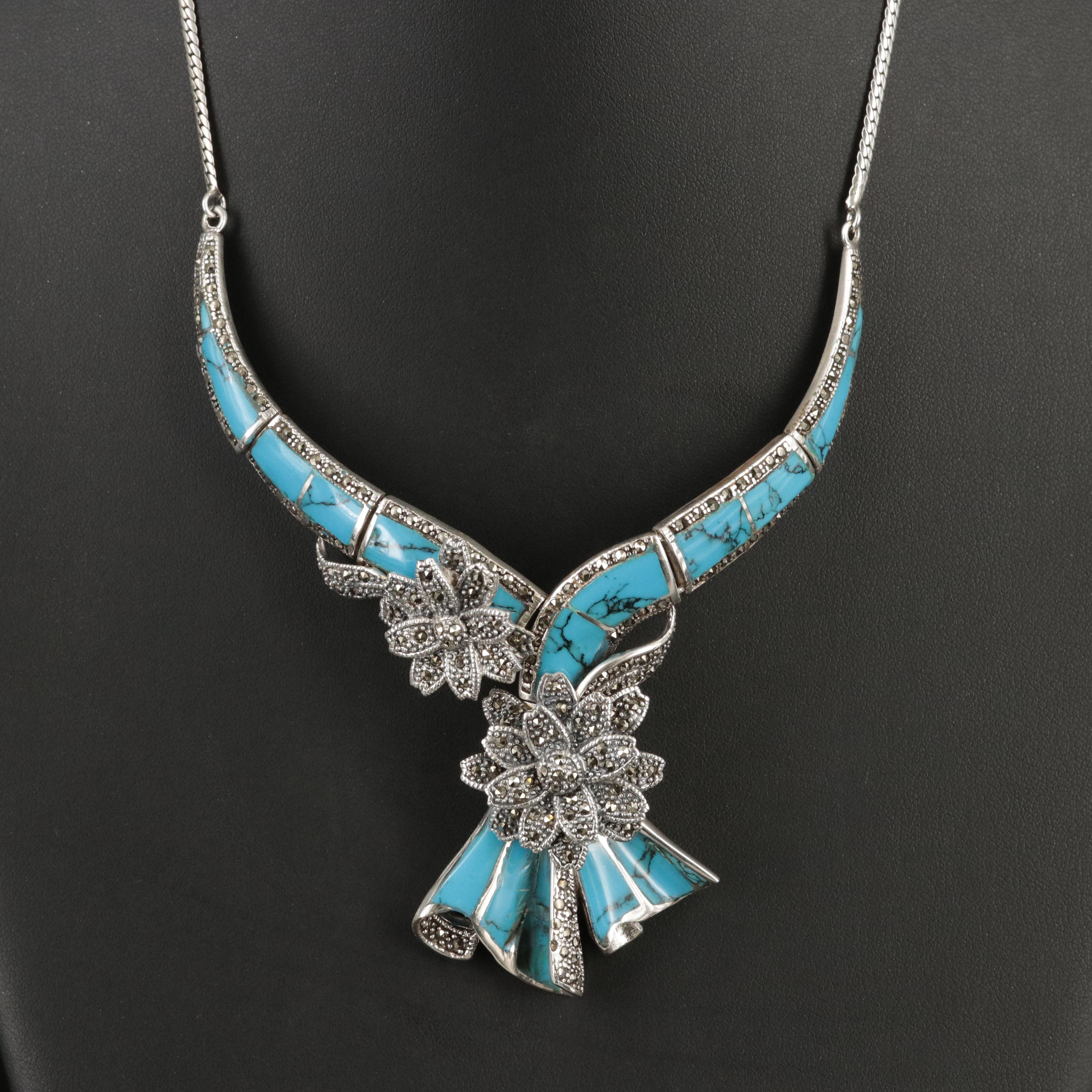 Sterling Faux Turquoise and Marcasite Bouquet Necklace