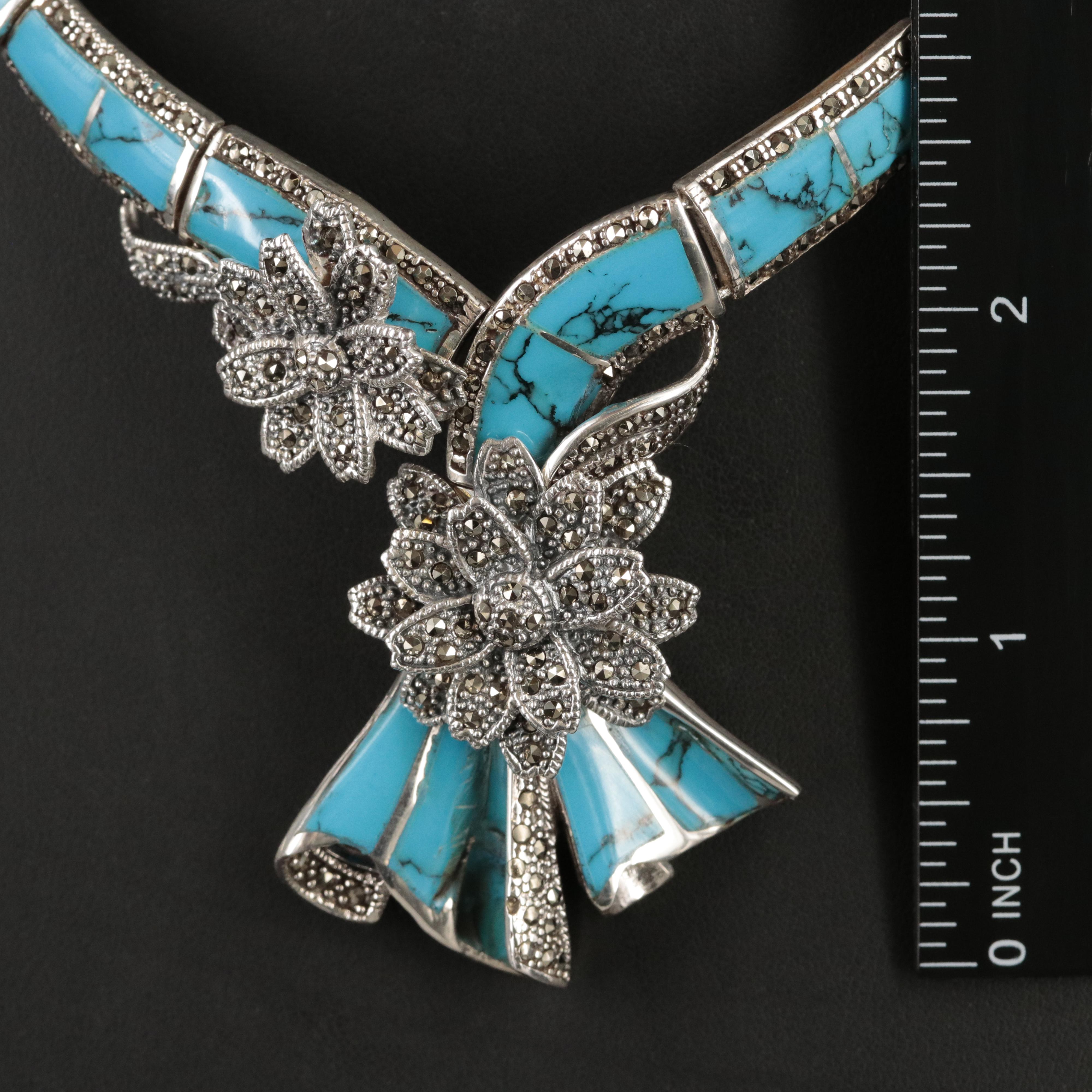Sterling Faux Turquoise and Marcasite Bouquet Necklace