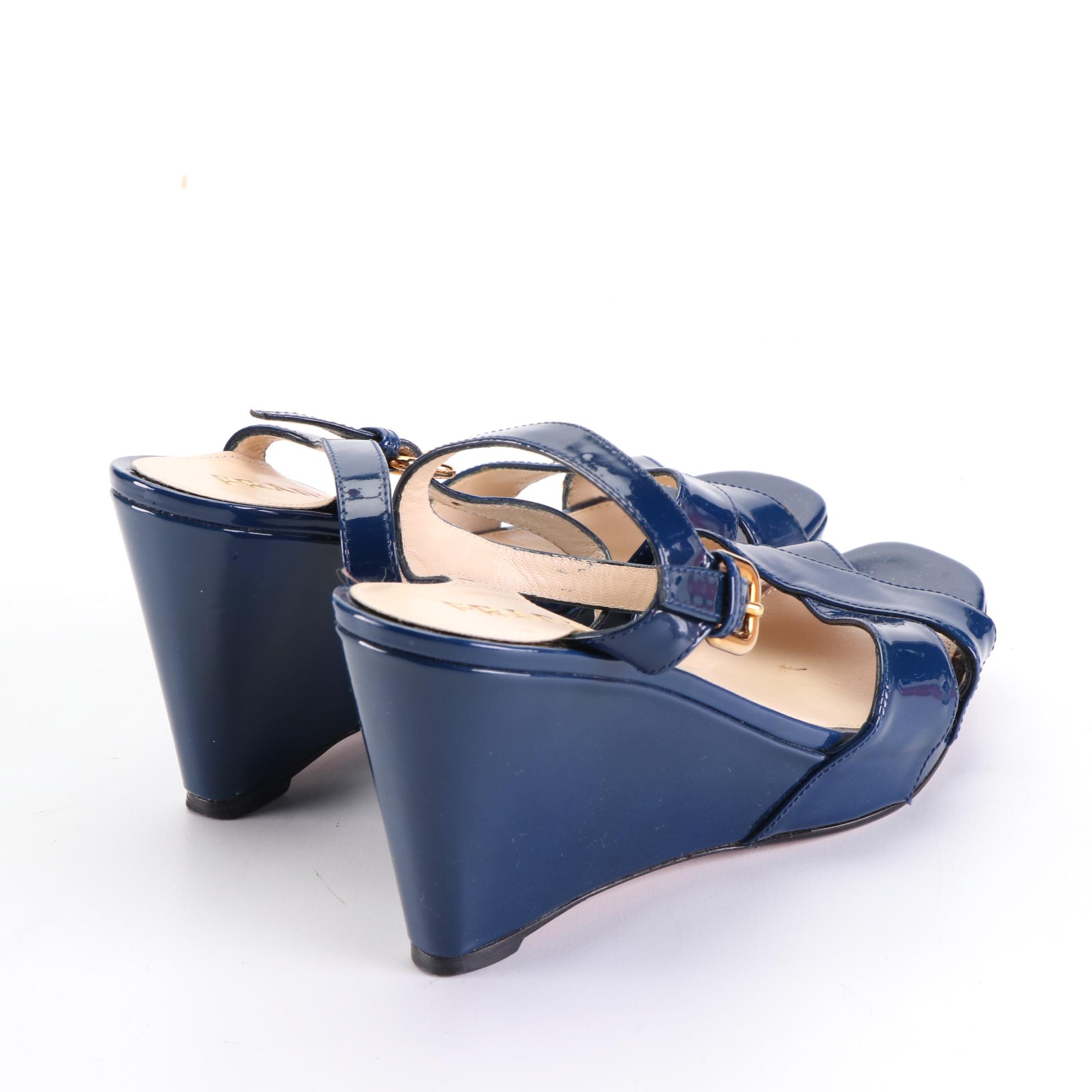 Prada 85mm Wedge Sandals in Blue Patent Leather