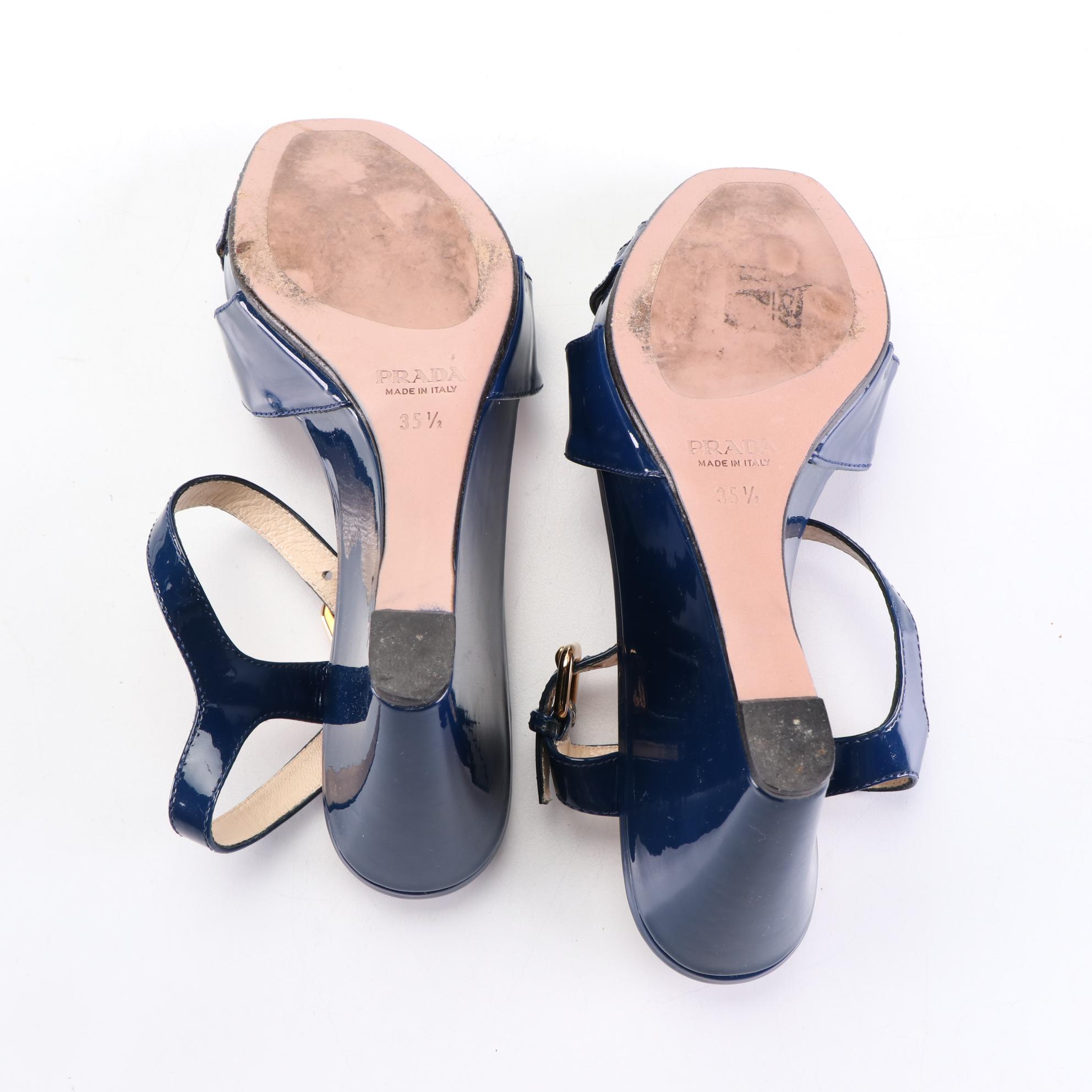 Prada 85mm Wedge Sandals in Blue Patent Leather