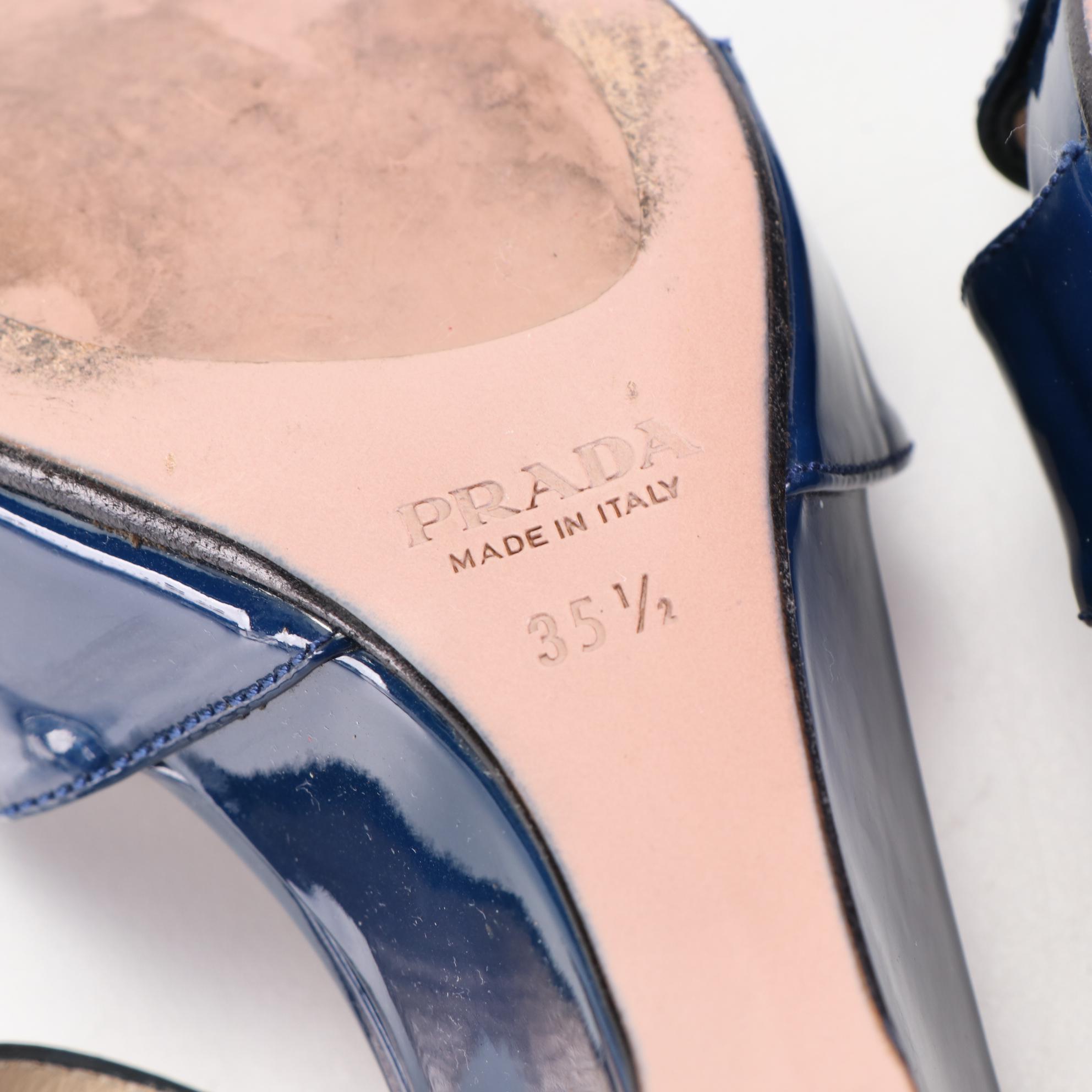 Prada 85mm Wedge Sandals in Blue Patent Leather
