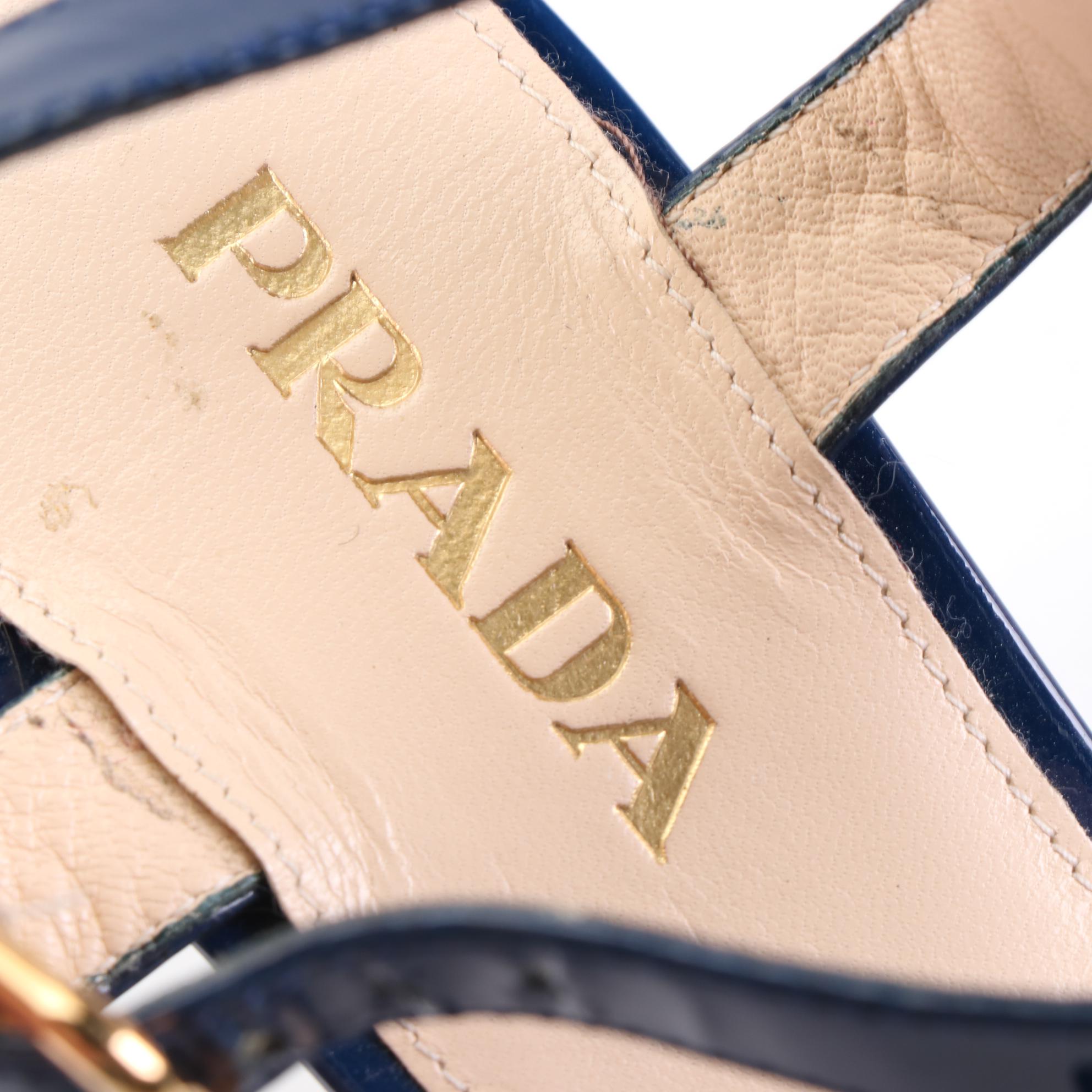 Prada 85mm Wedge Sandals in Blue Patent Leather