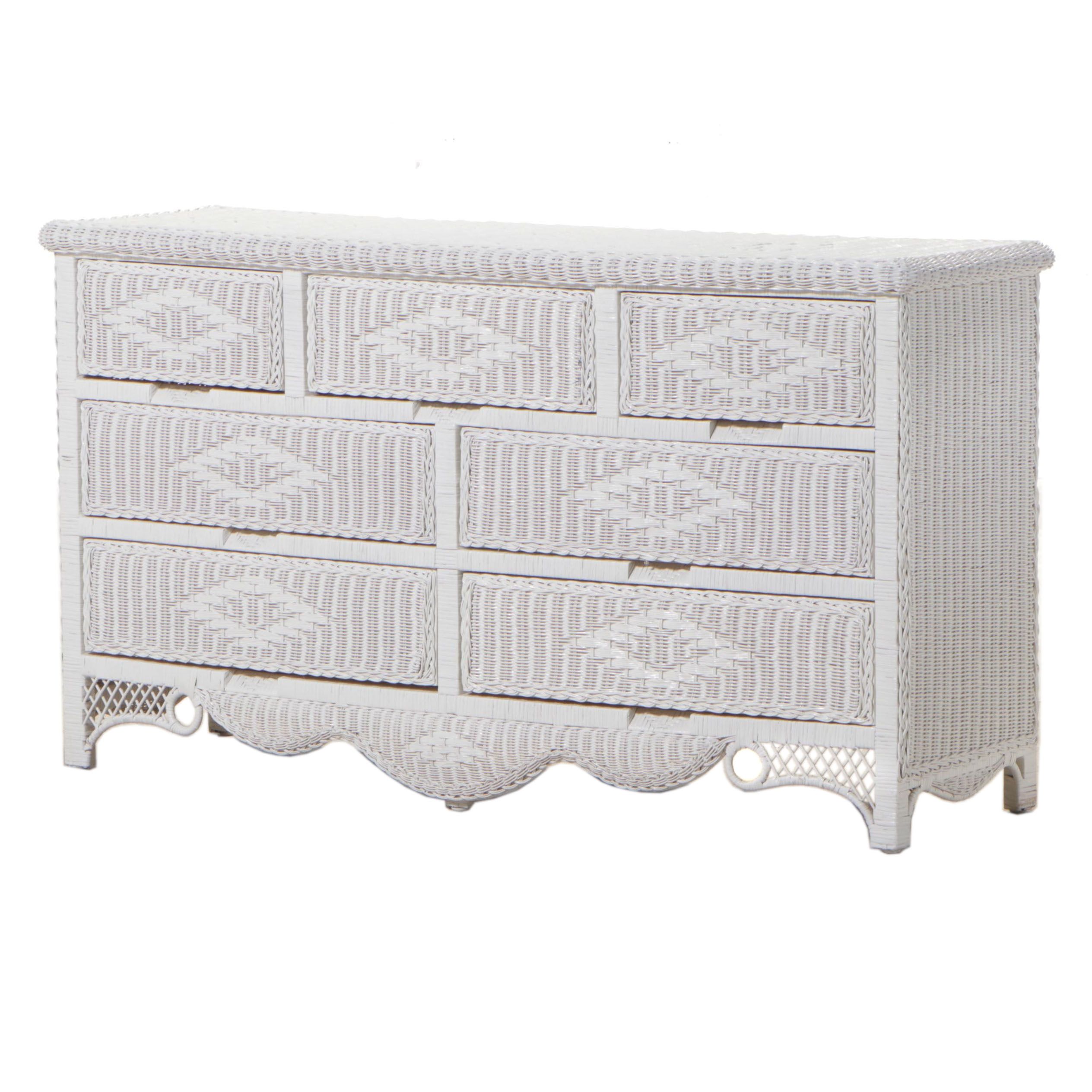 White-Painted Wicker Seven-Drawer Serpentine-Front Chest, Late 20th Century