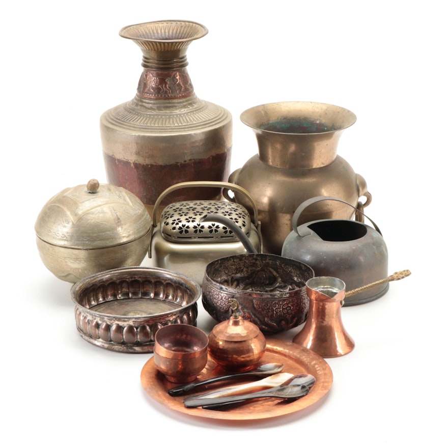 Cairoware Jug, Brass Vase and Bowl, Copper Bowls and Jars and More