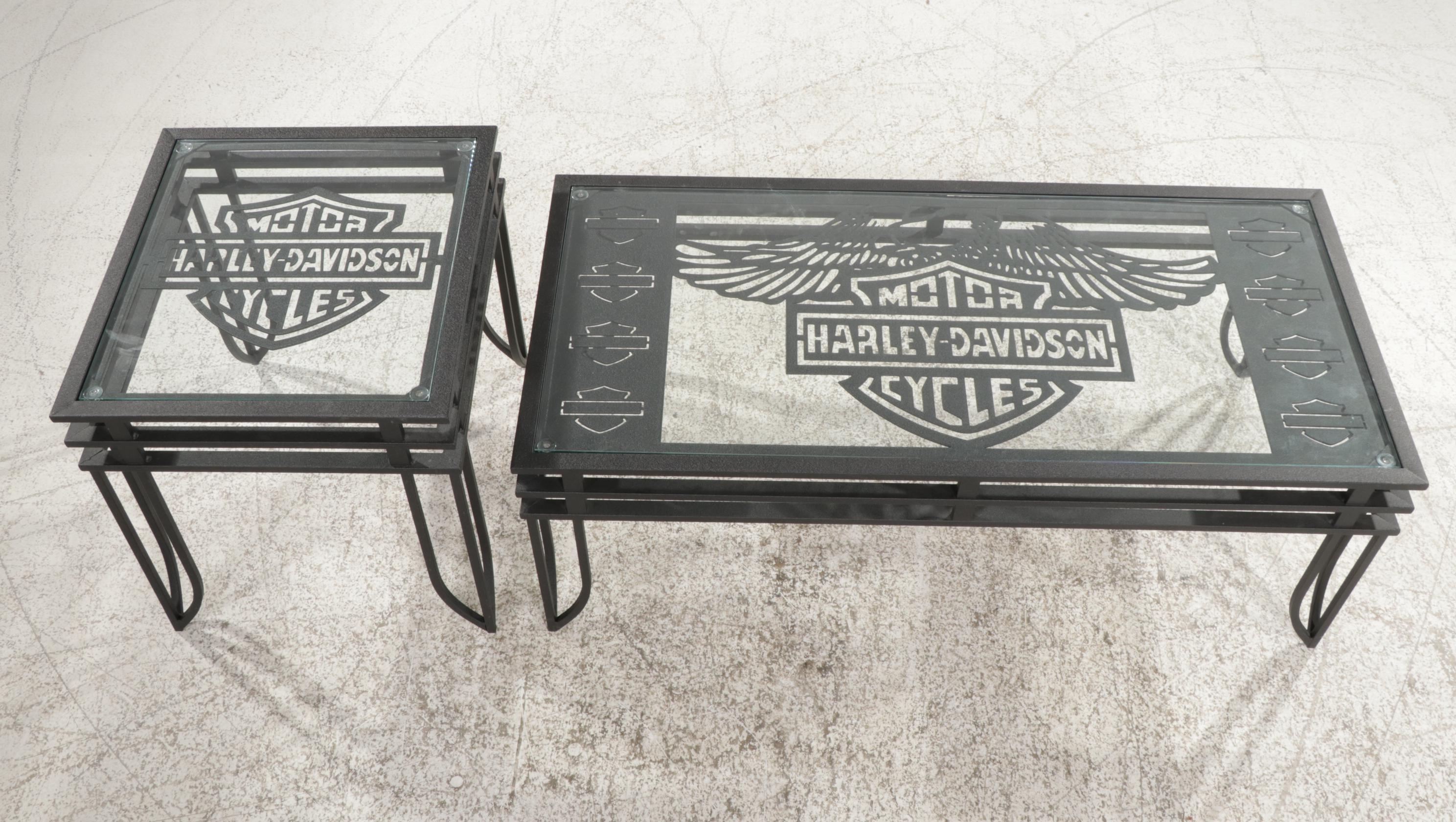 Harley-Davidson Metal Cut-Out and Glass Top Coffee and End Table