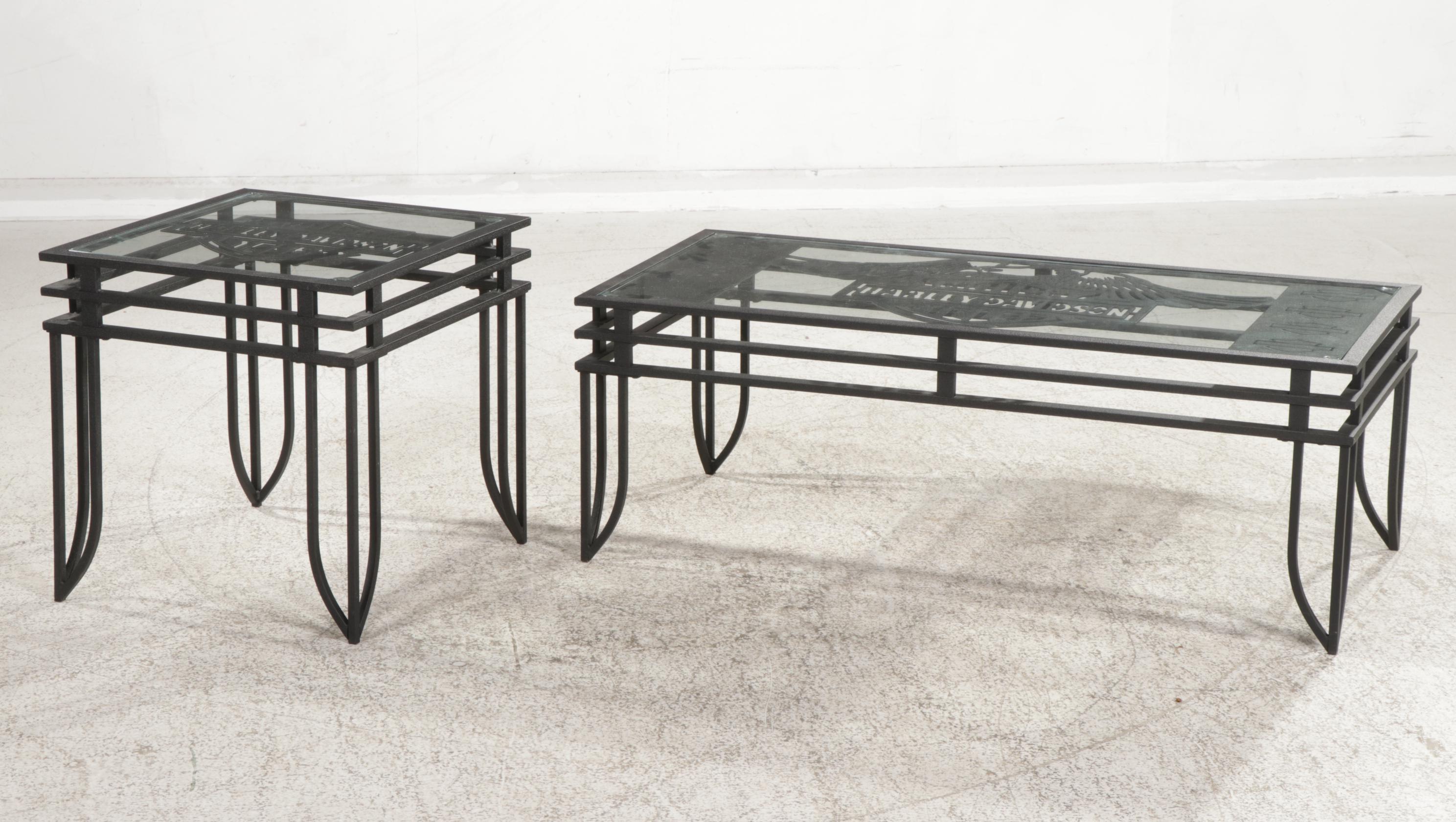 Harley-Davidson Metal Cut-Out and Glass Top Coffee and End Table