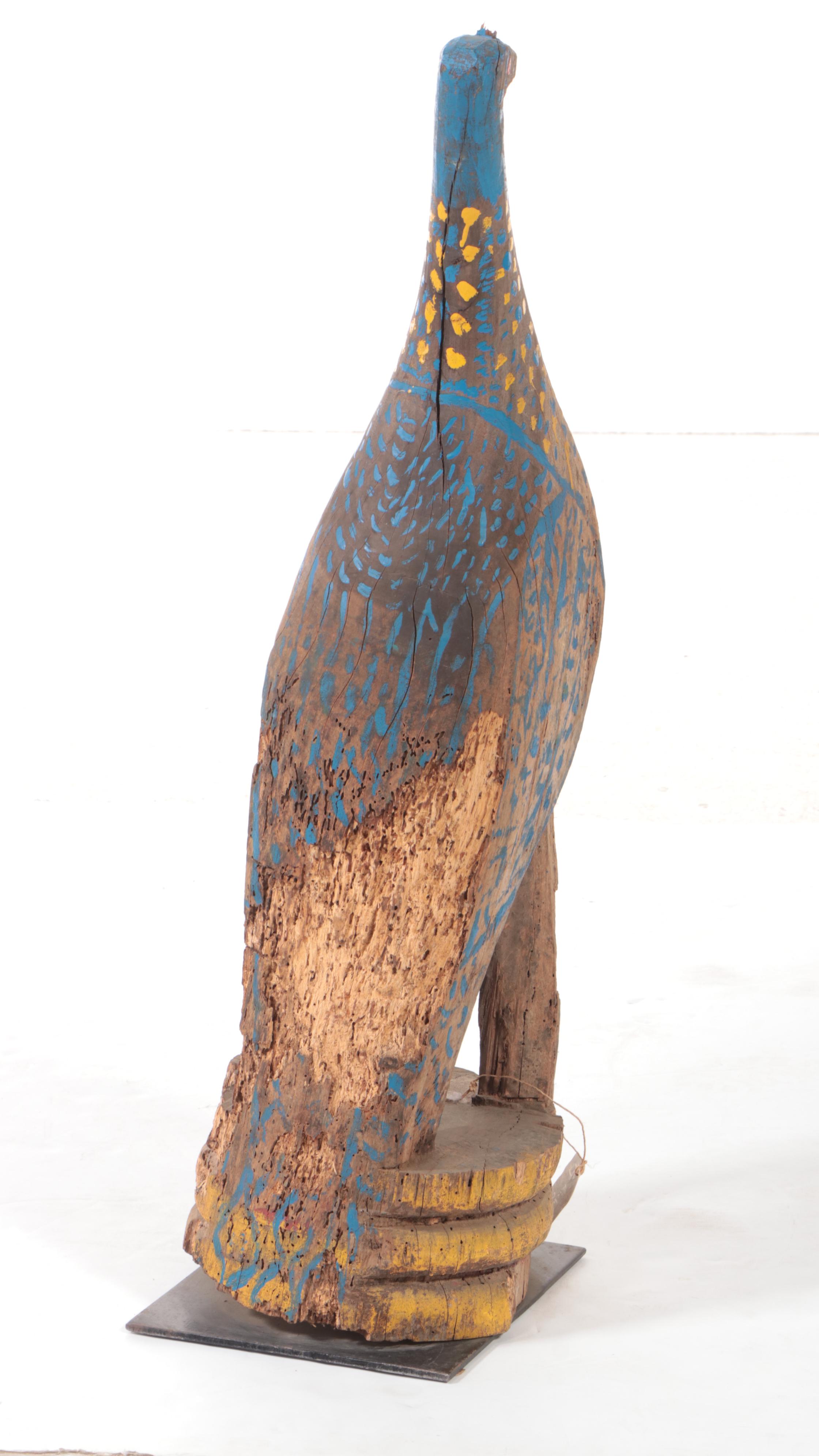 Vietnamese Hand-Painted Carved Wood Sculpture of Peacock