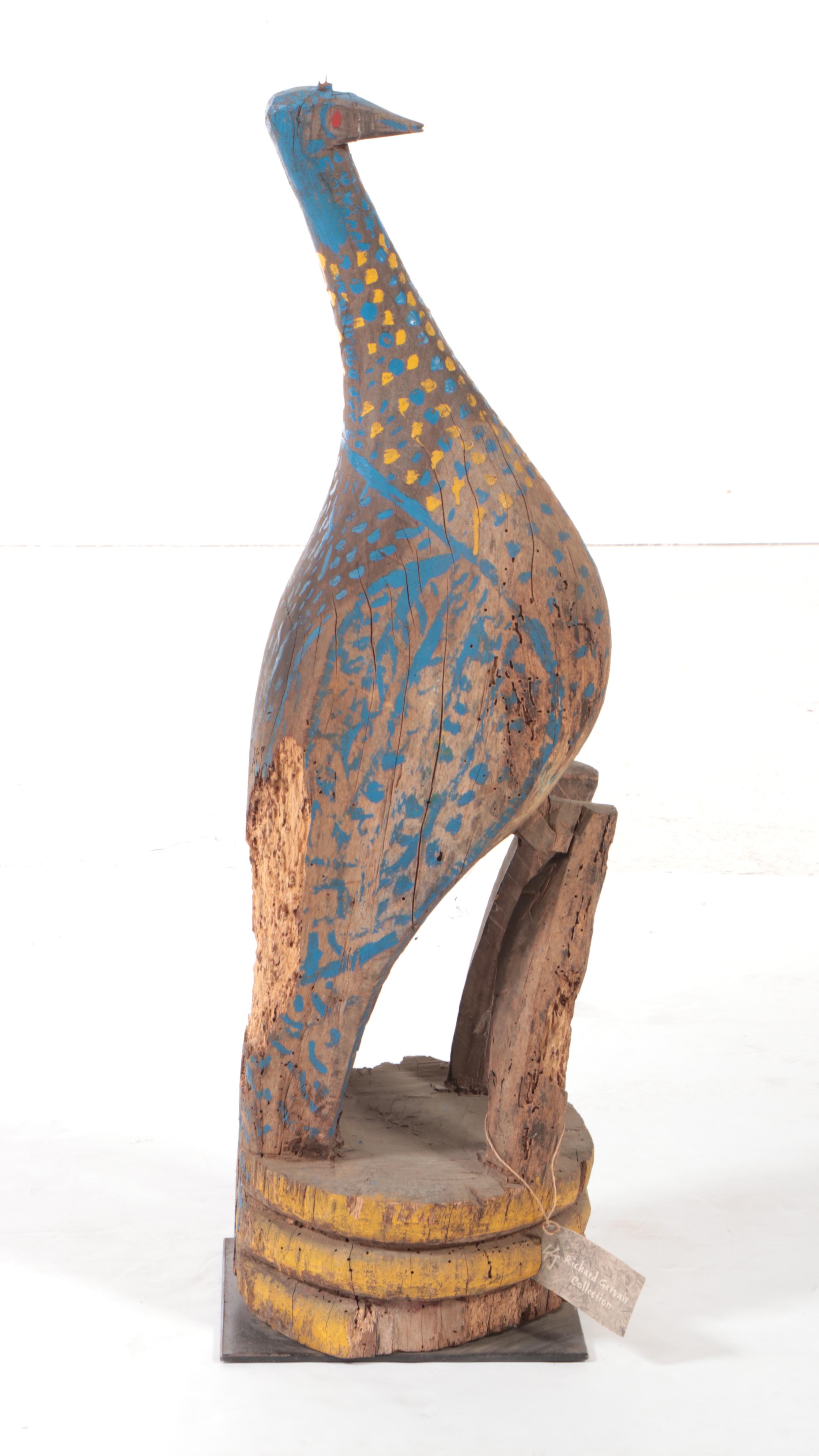 Vietnamese Hand-Painted Carved Wood Sculpture of Peacock