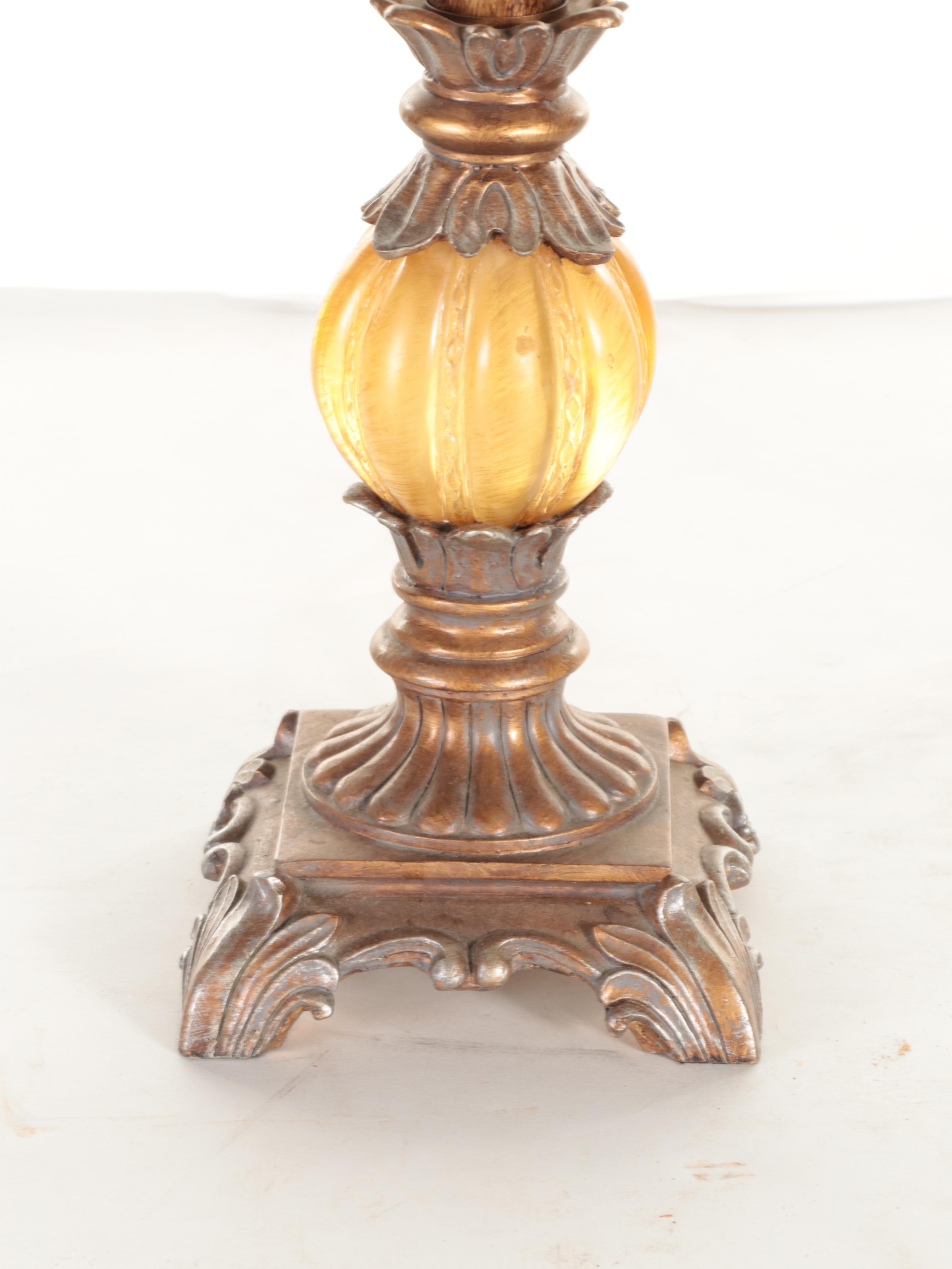 Pair of Composite, Glass and Metal Buffet Candlestick Lamps