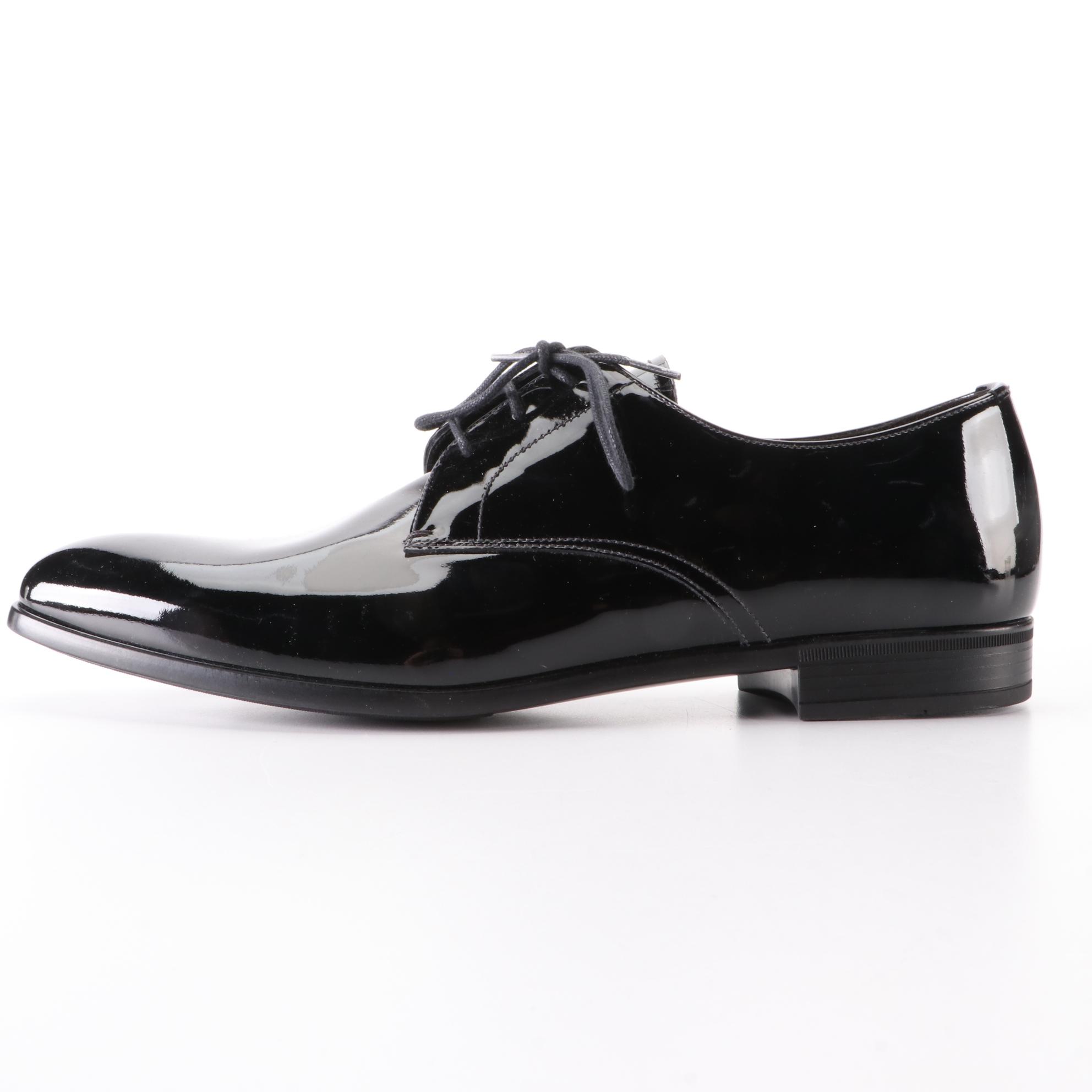 Men's Prada Lace-Up Rubber Sole Derby Shoes in Black Patent Leather w/Box