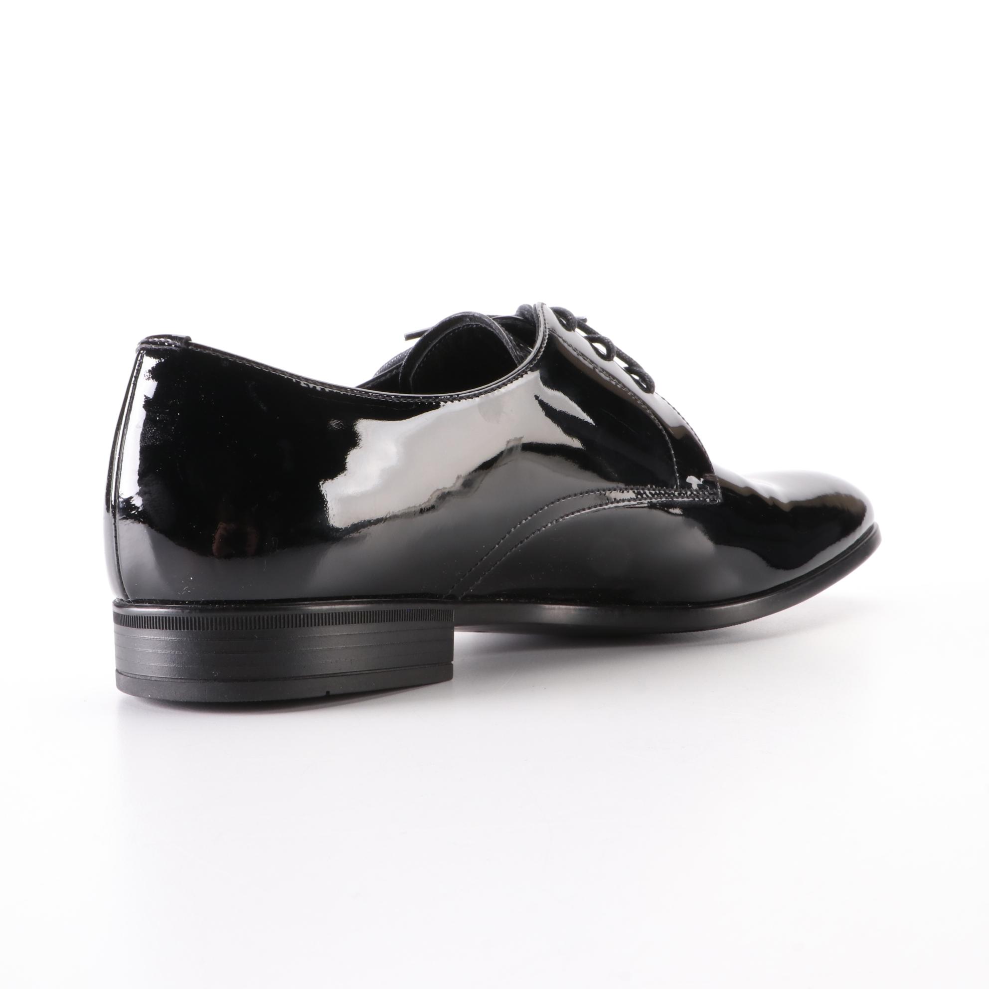 Men's Prada Lace-Up Rubber Sole Derby Shoes in Black Patent Leather w/Box