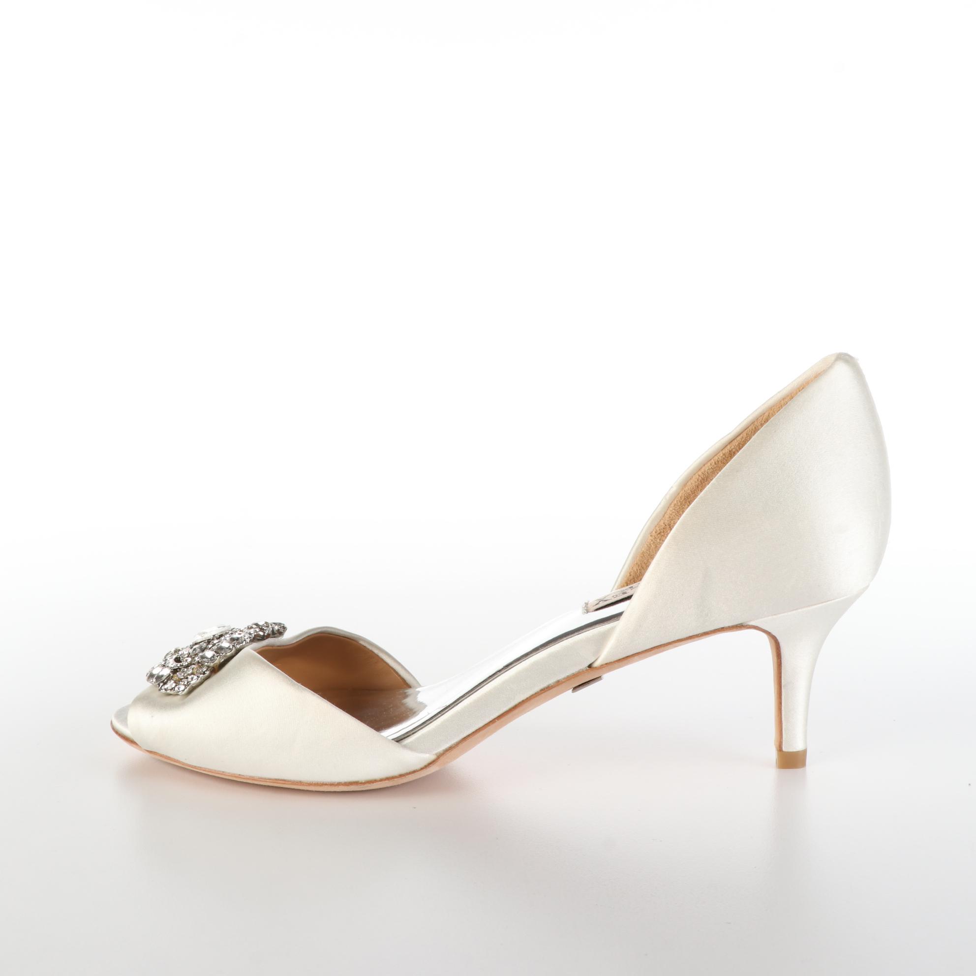 Badgley Mischka Embellished Peep-Toe Pumps in Satin