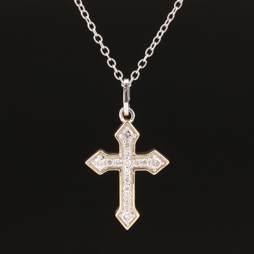 Sterling Diamond Cross Pendant Necklace with 14K Accent