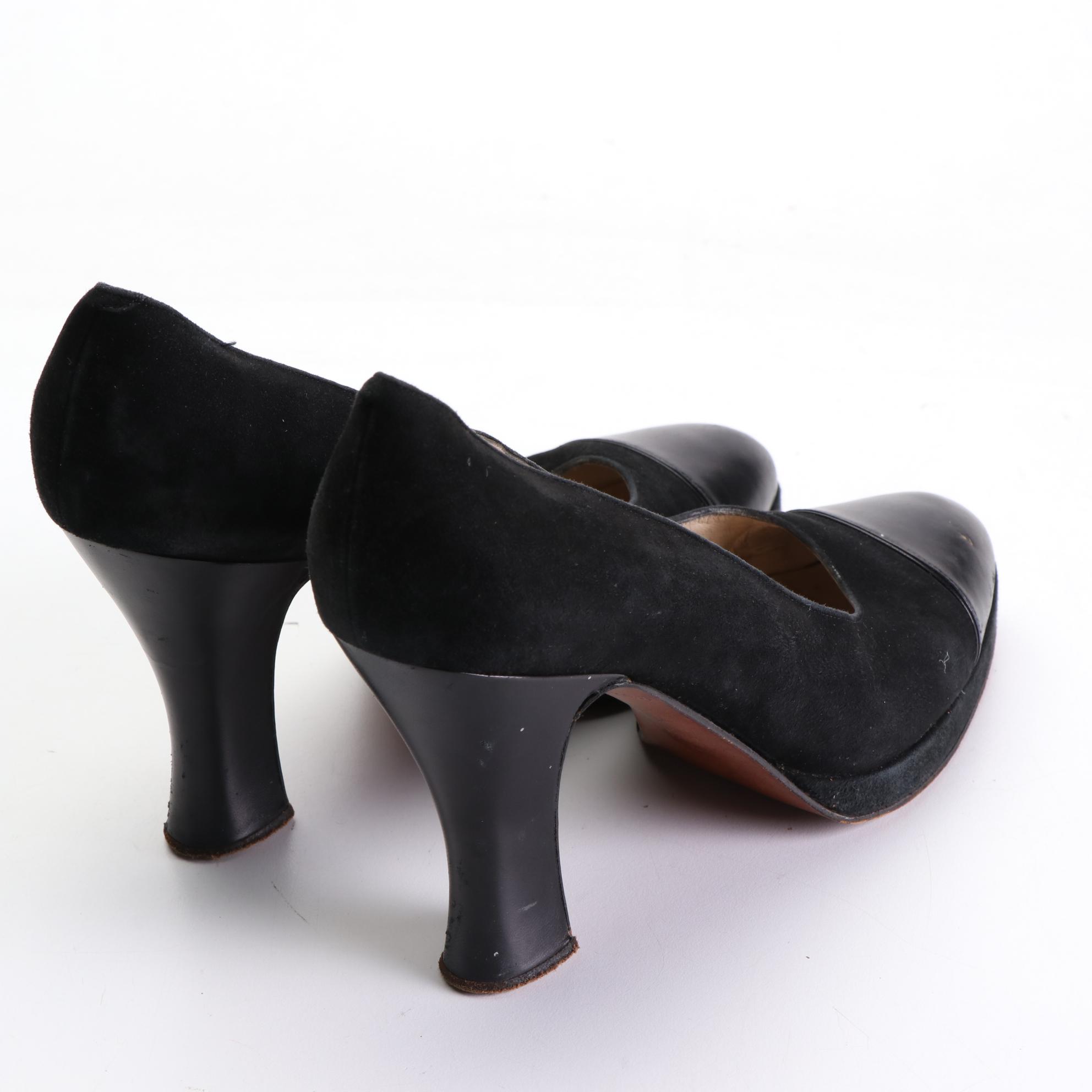 Vintage Chanel 90mm Platform Cap Toe Pumps in Black Suede/Leather