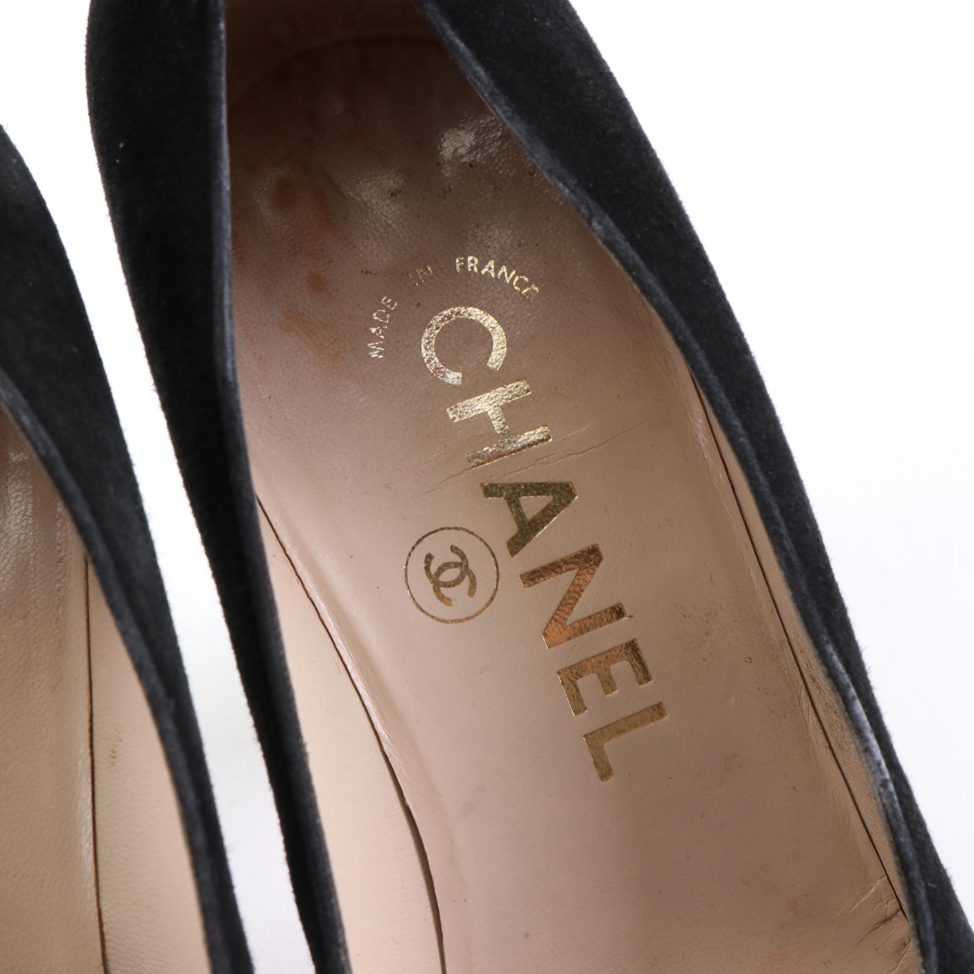 Vintage Chanel 90mm Platform Cap Toe Pumps in Black Suede/Leather