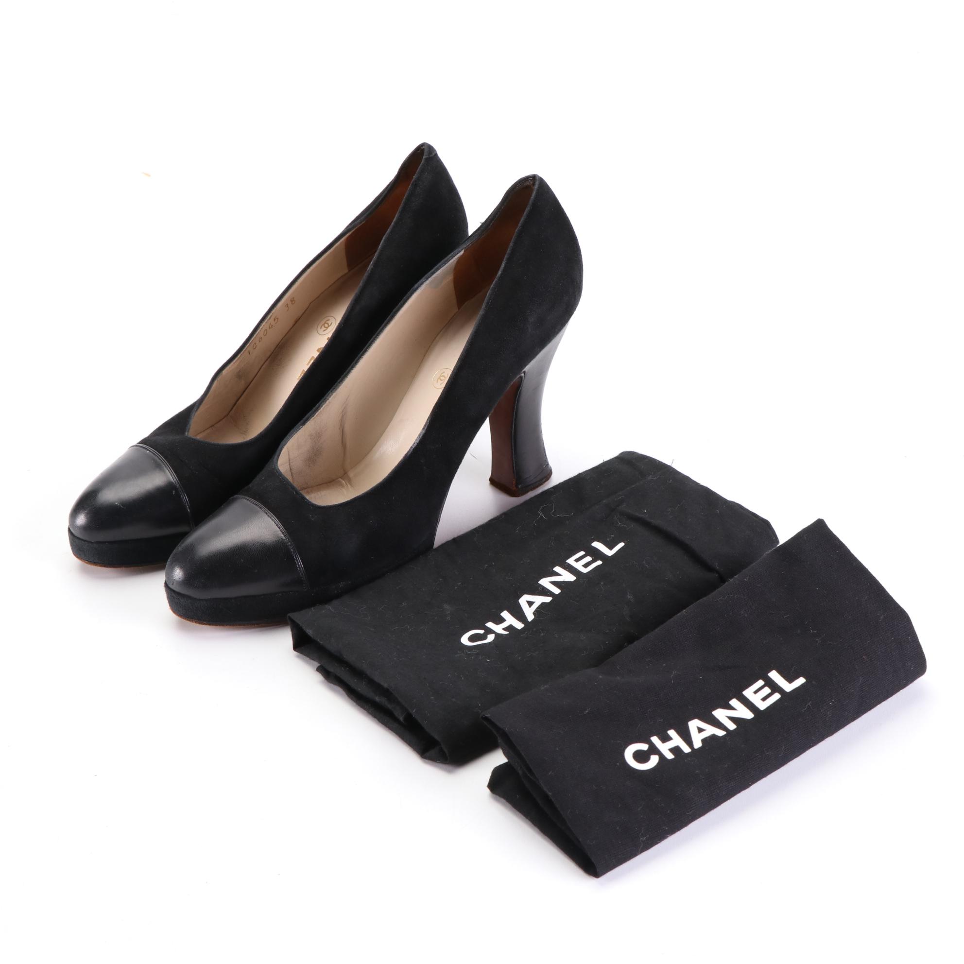 Vintage Chanel 90mm Platform Cap Toe Pumps in Black Suede/Leather