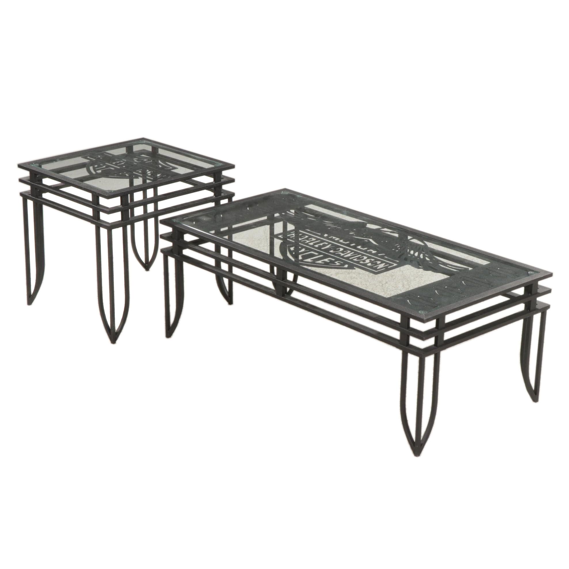 Harley-Davidson Metal Cut-Out and Glass Top Coffee and End Table