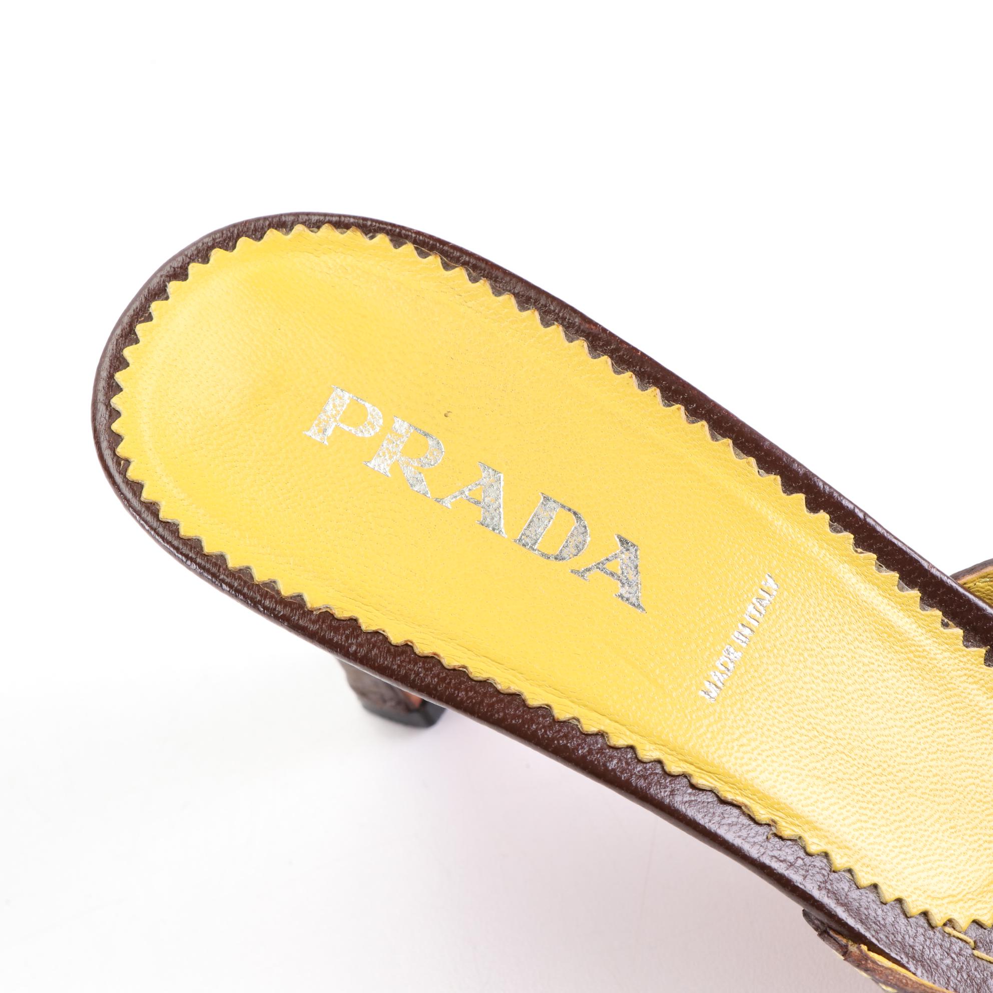 Prada 70mm Mules in Dark Brown Leather w/Contrast Stitching and Buckle Detail