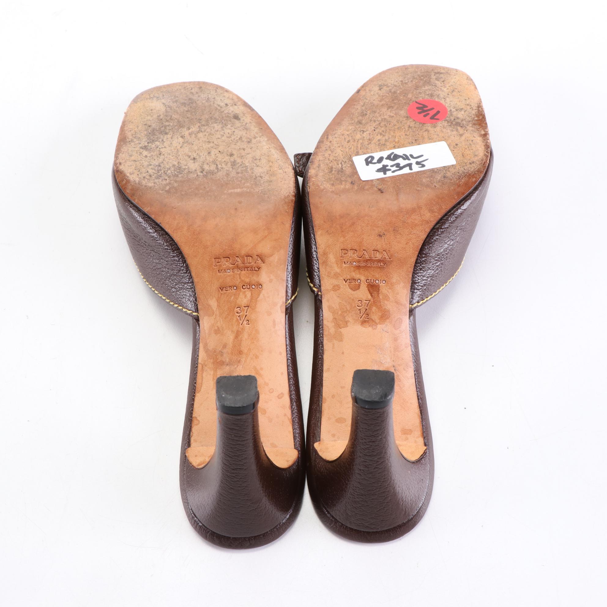 Prada 70mm Mules in Dark Brown Leather w/Contrast Stitching and Buckle Detail