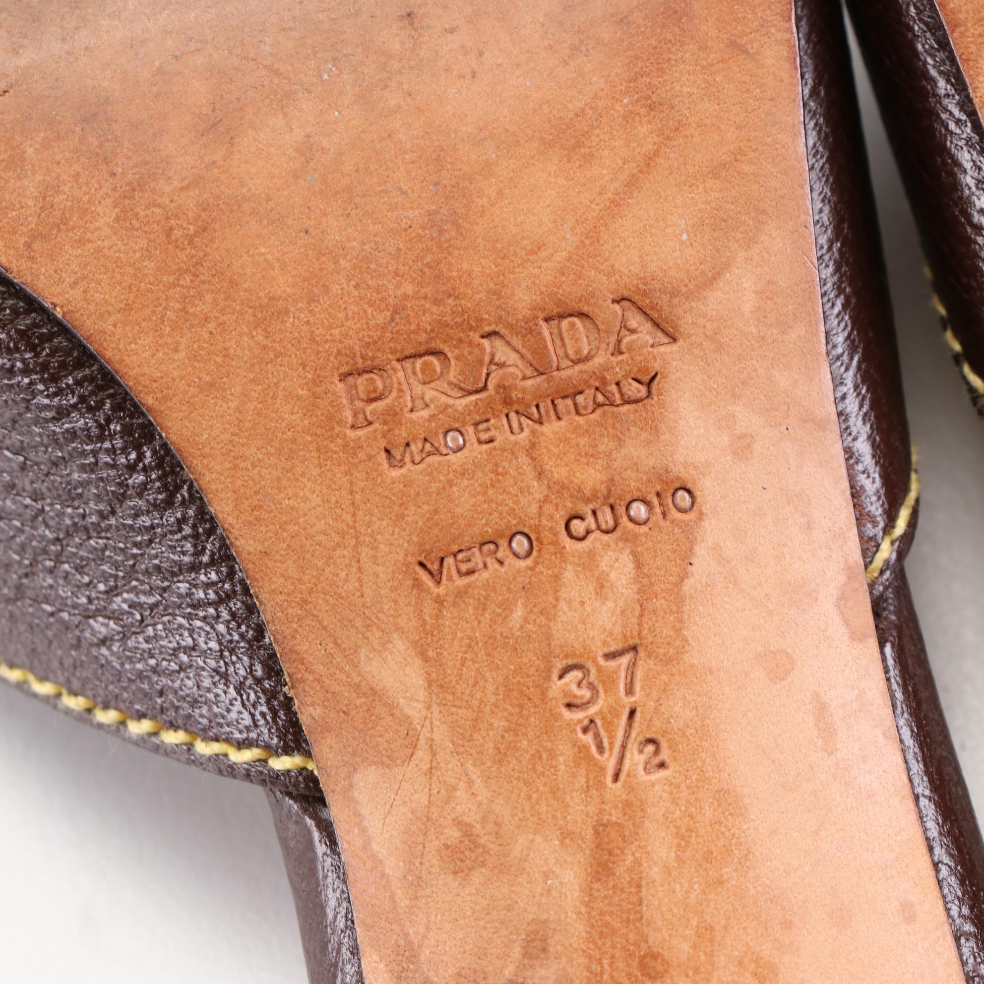 Prada 70mm Mules in Dark Brown Leather w/Contrast Stitching and Buckle Detail
