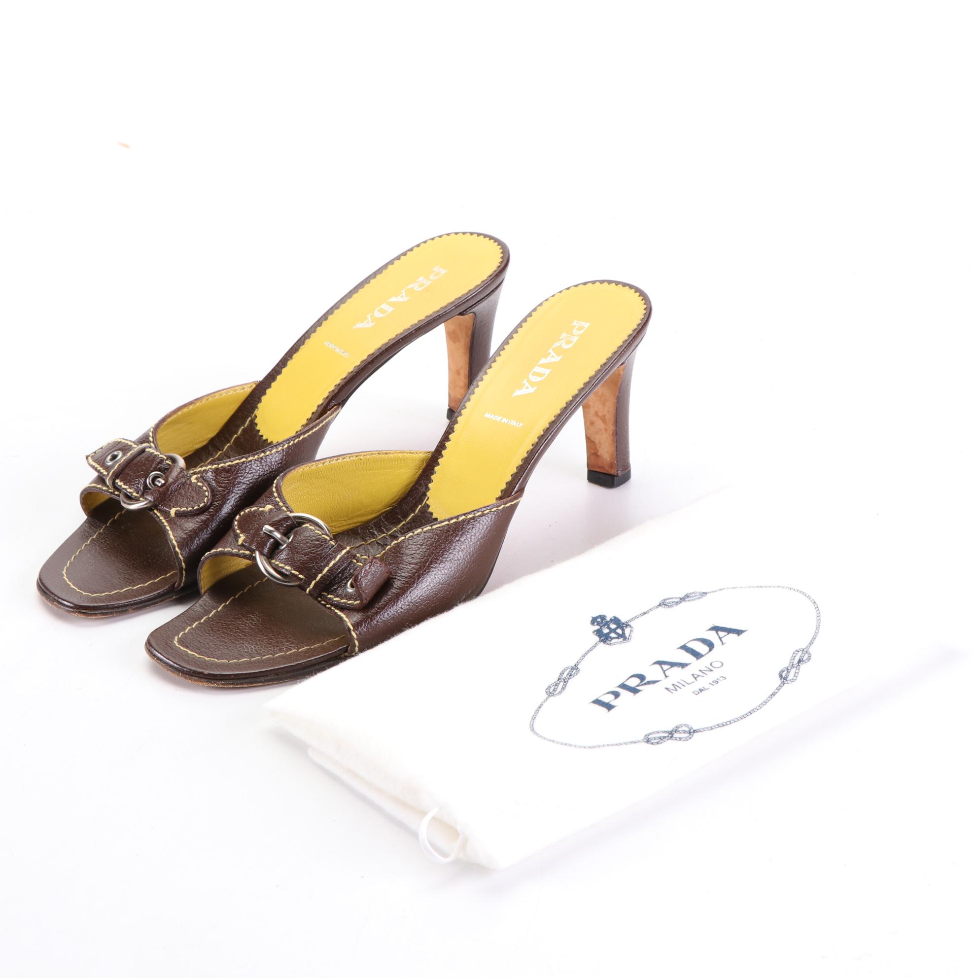 Prada 70mm Mules in Dark Brown Leather w/Contrast Stitching and Buckle Detail