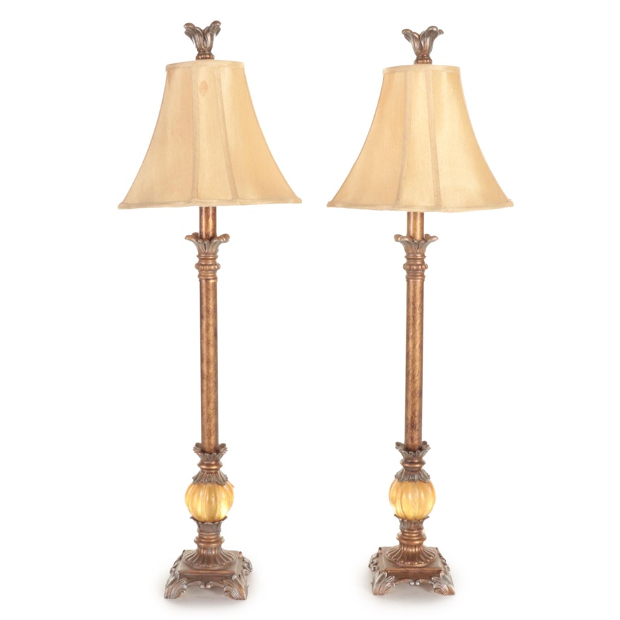 Pair of Composite, Glass and Metal Buffet Candlestick Lamps