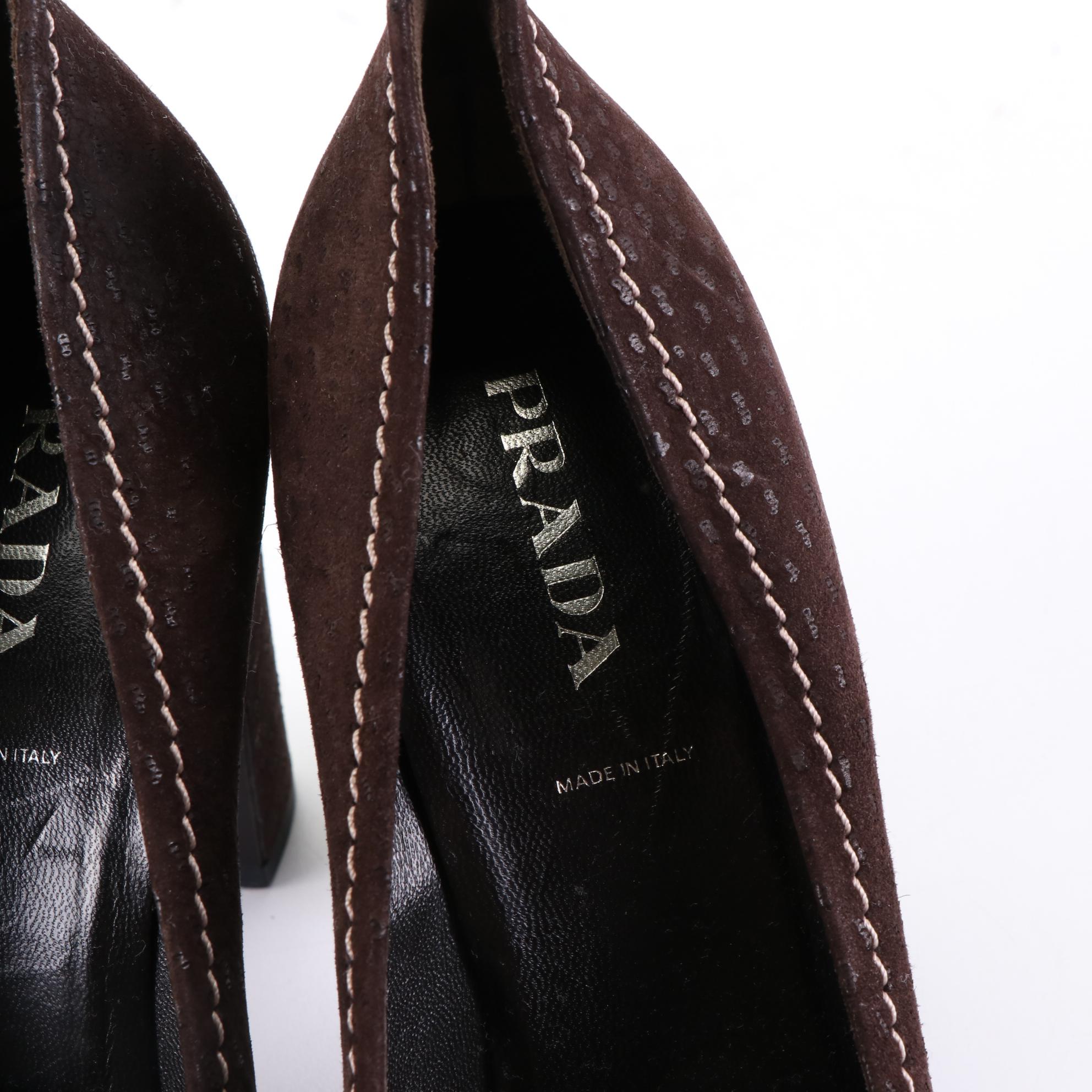 Prada 95mm Pumps in Embossed Brown Suede with Contrast Stitching