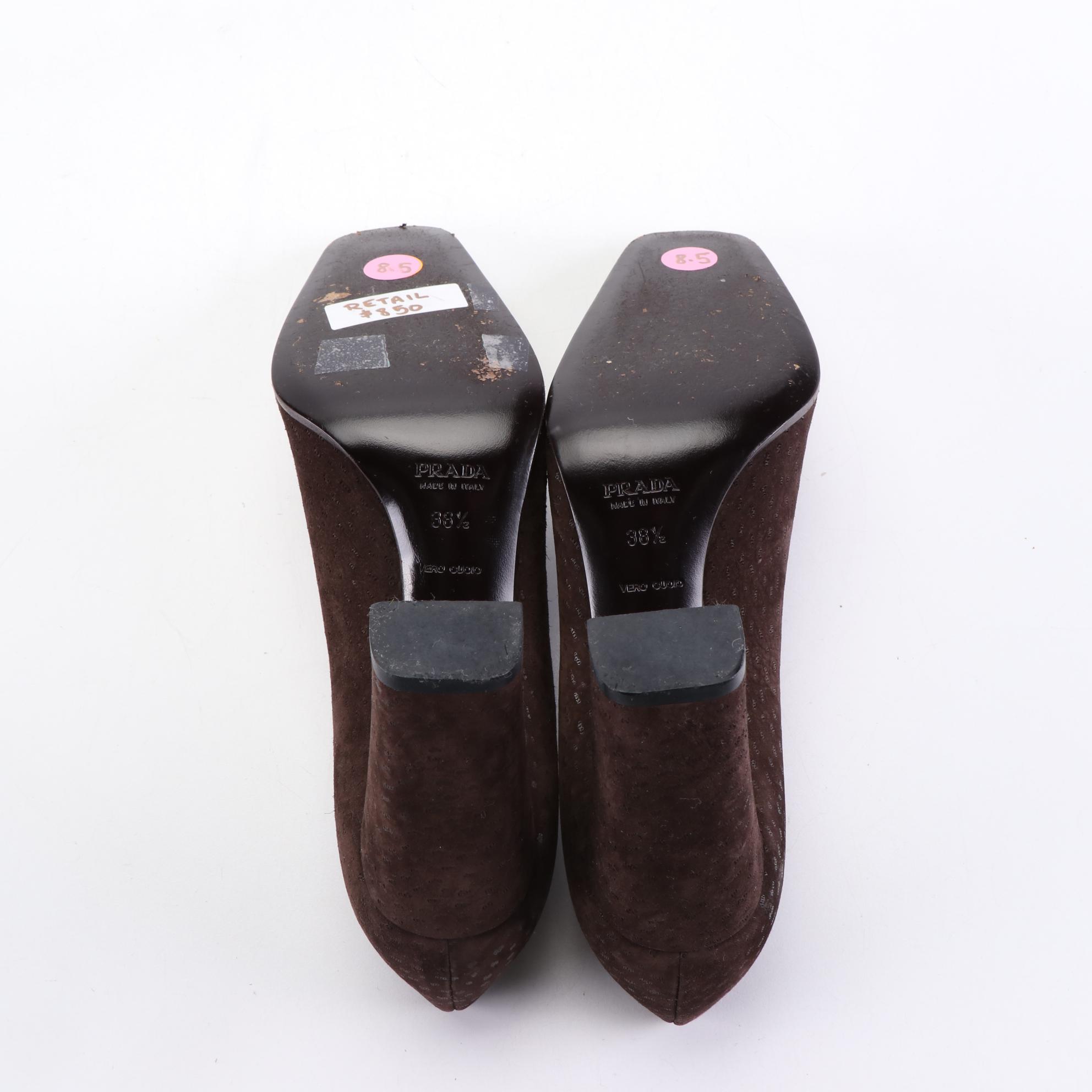 Prada 95mm Pumps in Embossed Brown Suede with Contrast Stitching