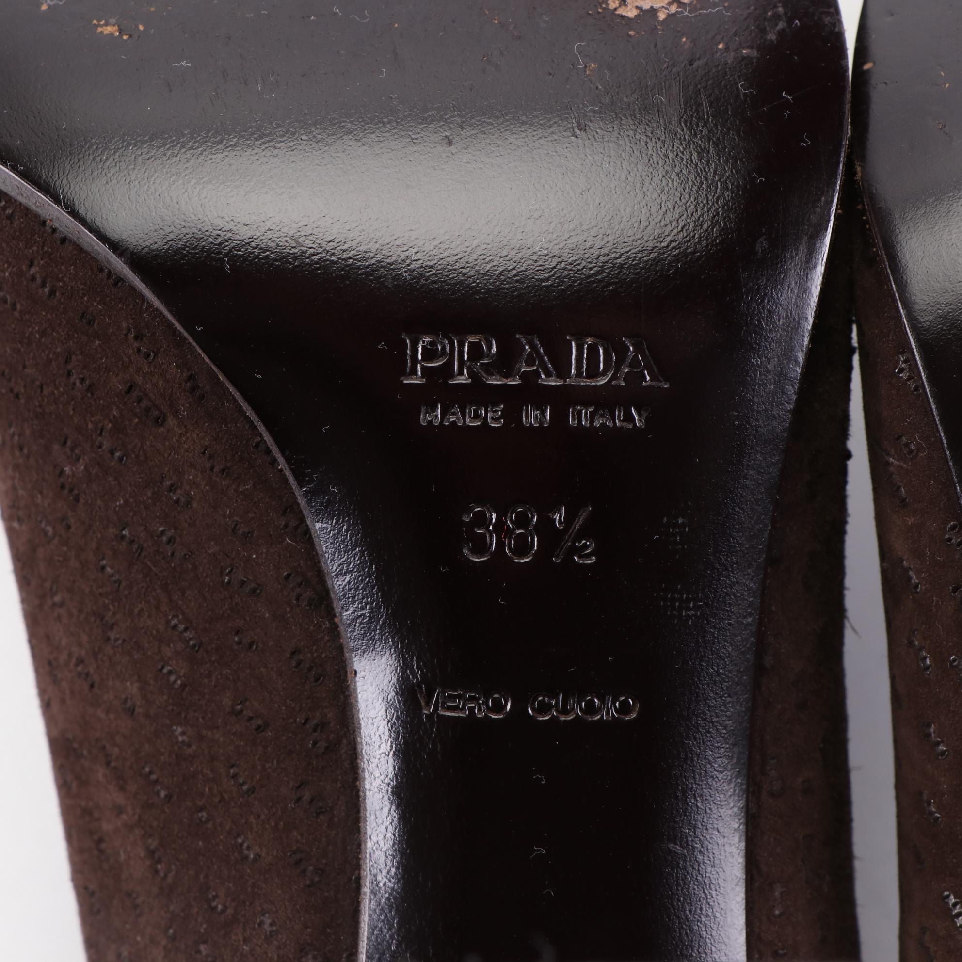 Prada 95mm Pumps in Embossed Brown Suede with Contrast Stitching
