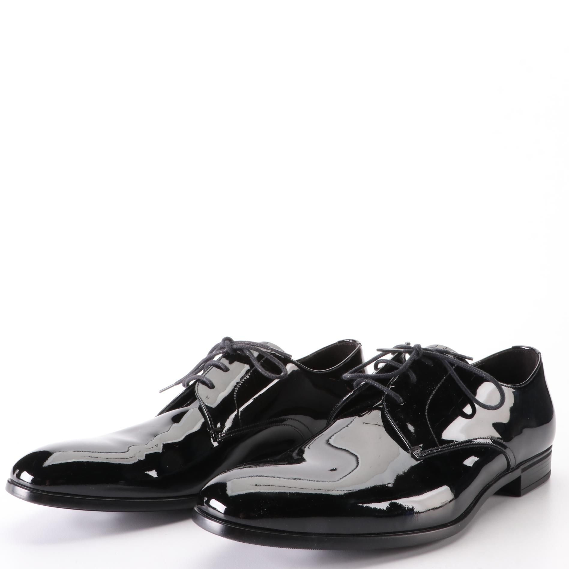 Men's Prada Lace-Up Rubber Sole Derby Shoes in Black Patent Leather w/Box
