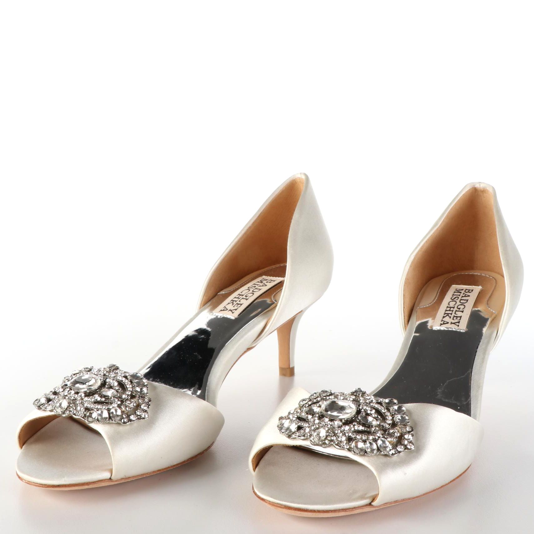 Badgley Mischka Embellished Peep-Toe Pumps in Satin