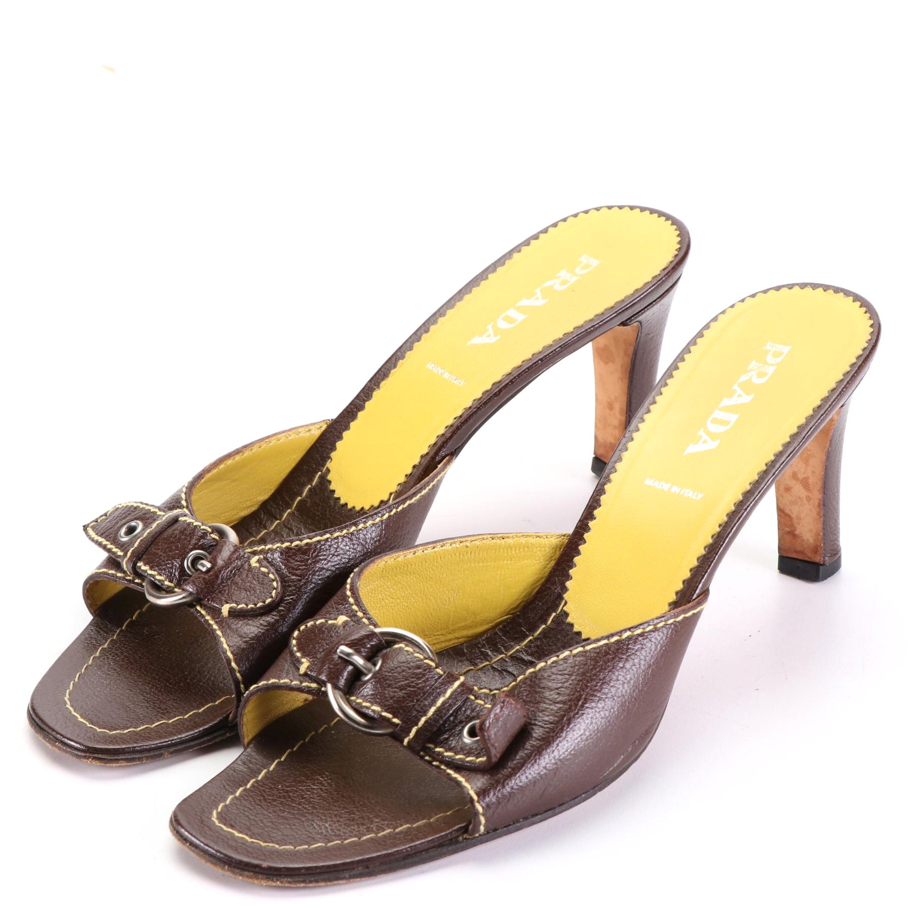 Prada 70mm Mules in Dark Brown Leather w/Contrast Stitching and Buckle Detail