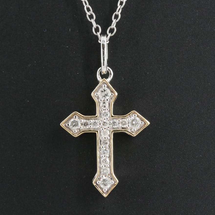 Sterling Diamond Cross Pendant Necklace with 14K Accent