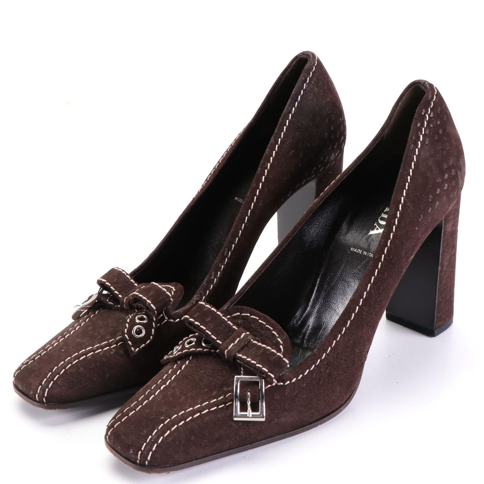 Prada 95mm Pumps in Embossed Brown Suede with Contrast Stitching