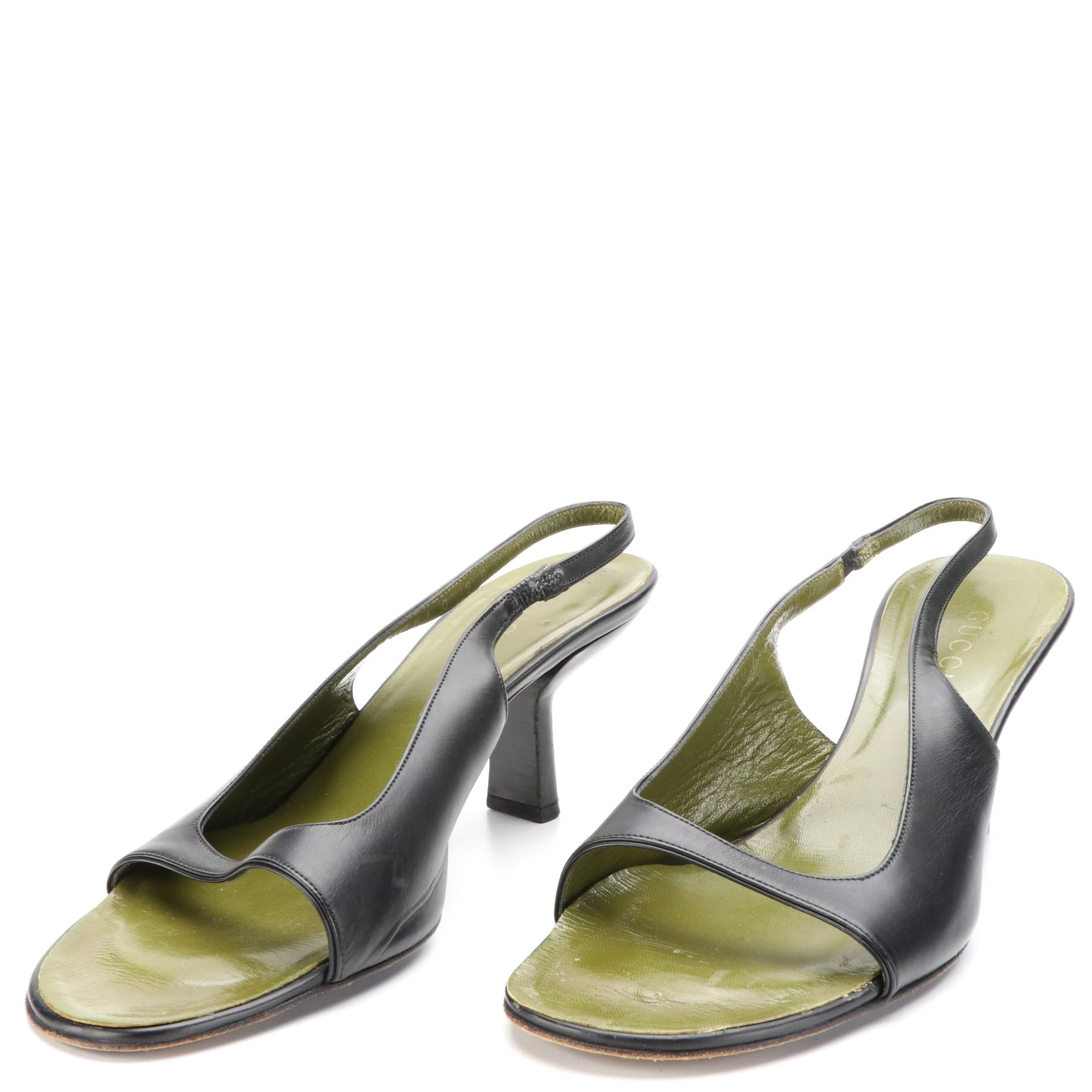 Gucci Slingback Open Toe Shoes in Black Leather