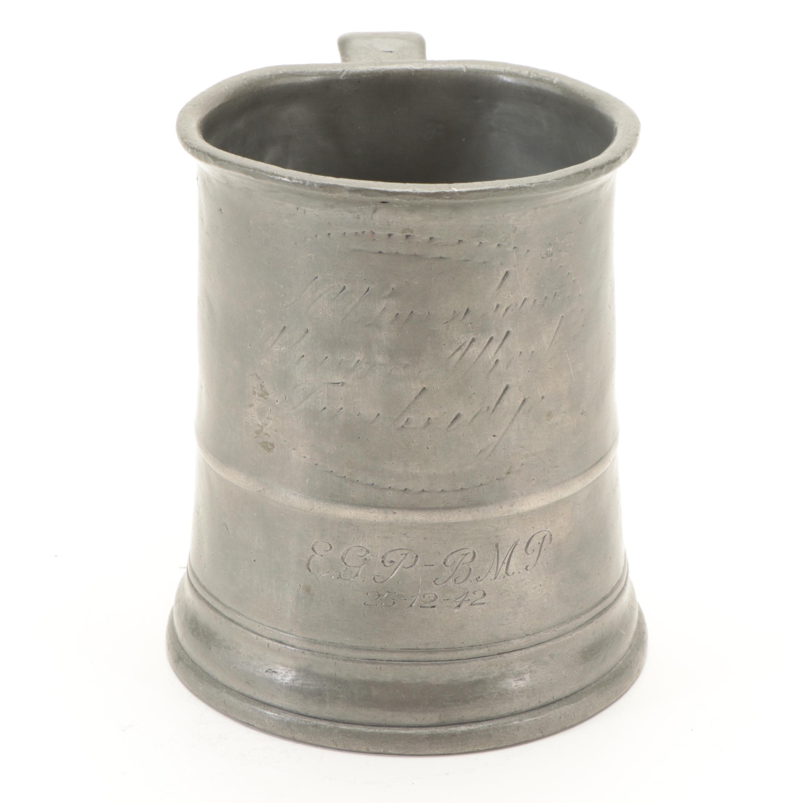 English Pewter Plates and Tankard with Other Tableware