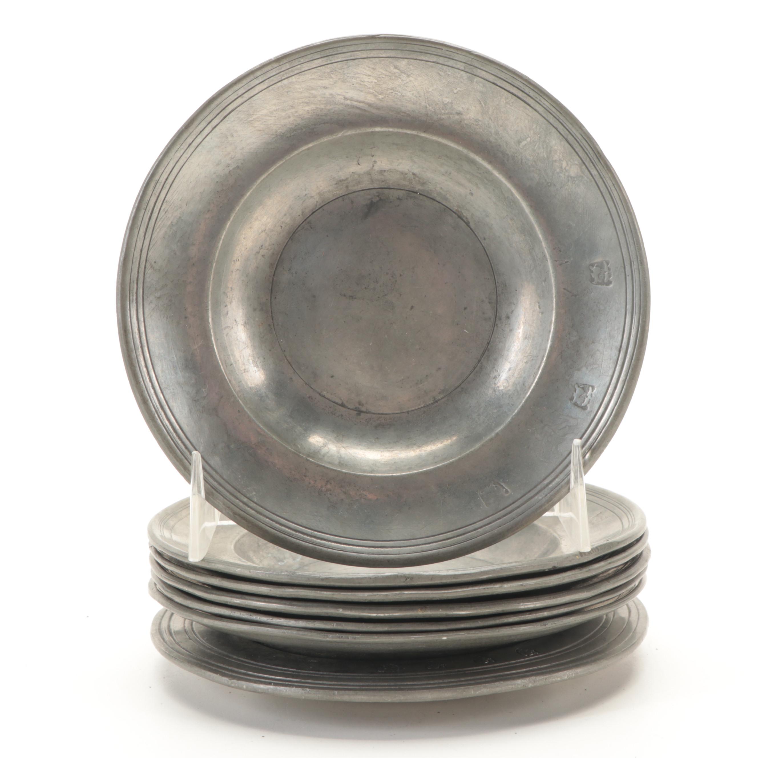 English Pewter Plates and Tankard with Other Tableware