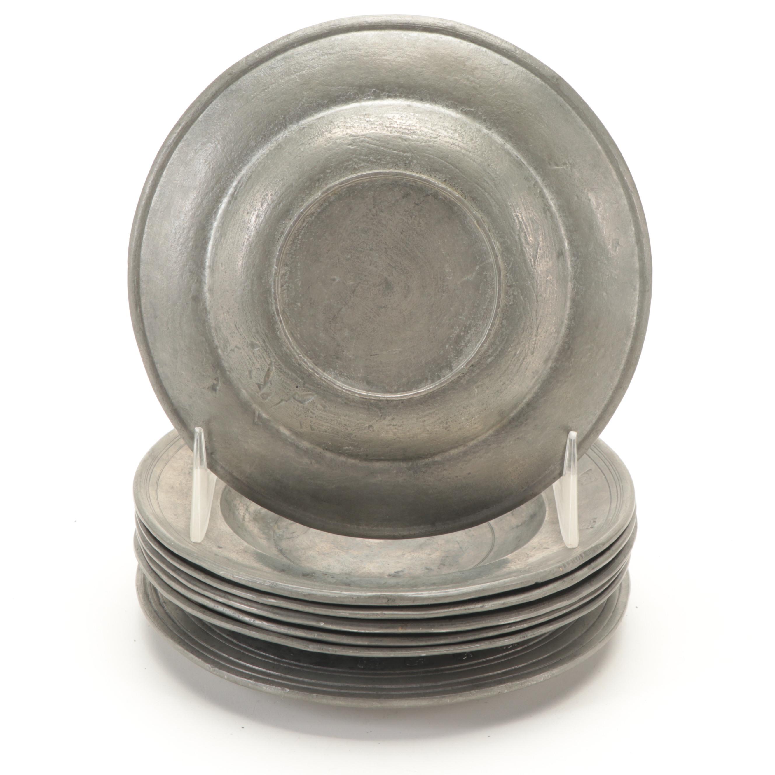 English Pewter Plates and Tankard with Other Tableware