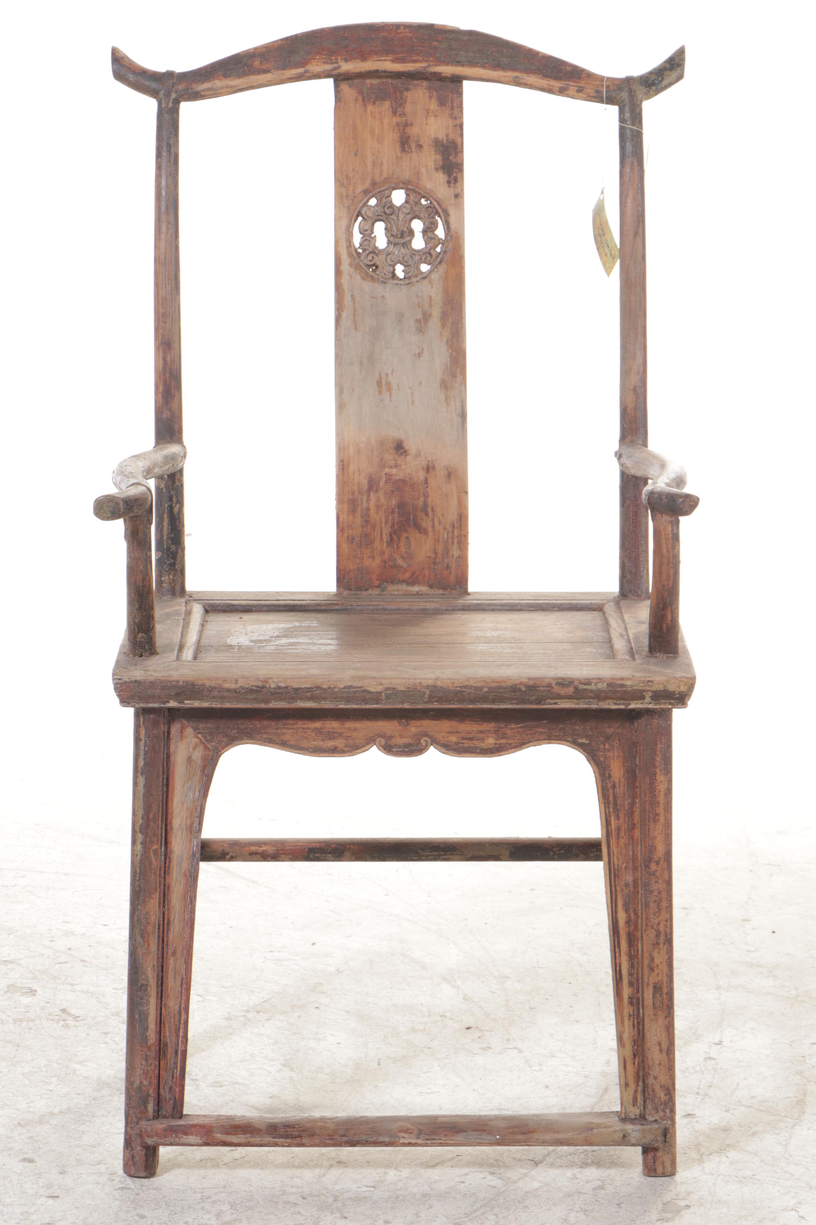 Chinese Iron-Mounted Carved Elm Armchair, Mid-18th Century