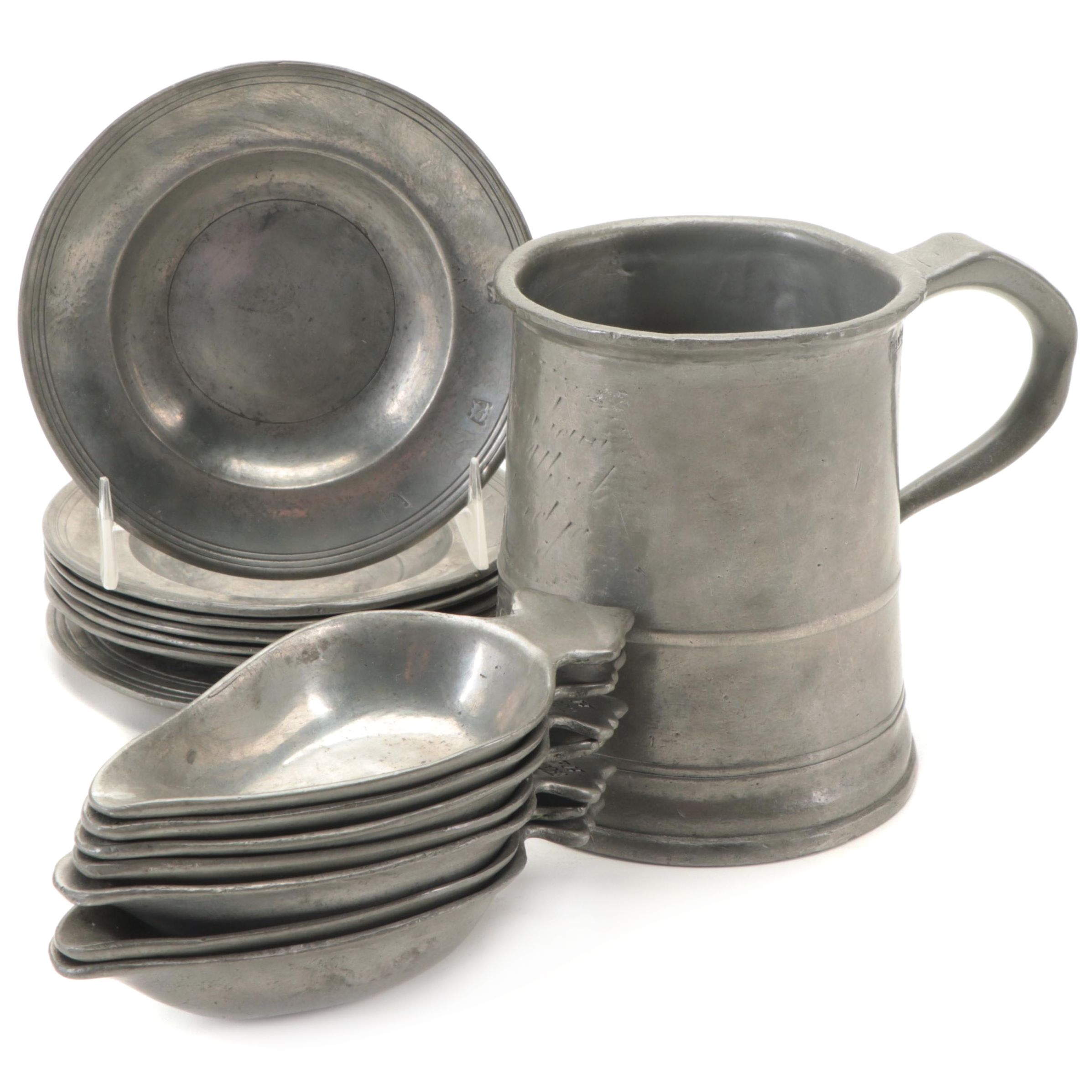 English Pewter Plates and Tankard with Other Tableware