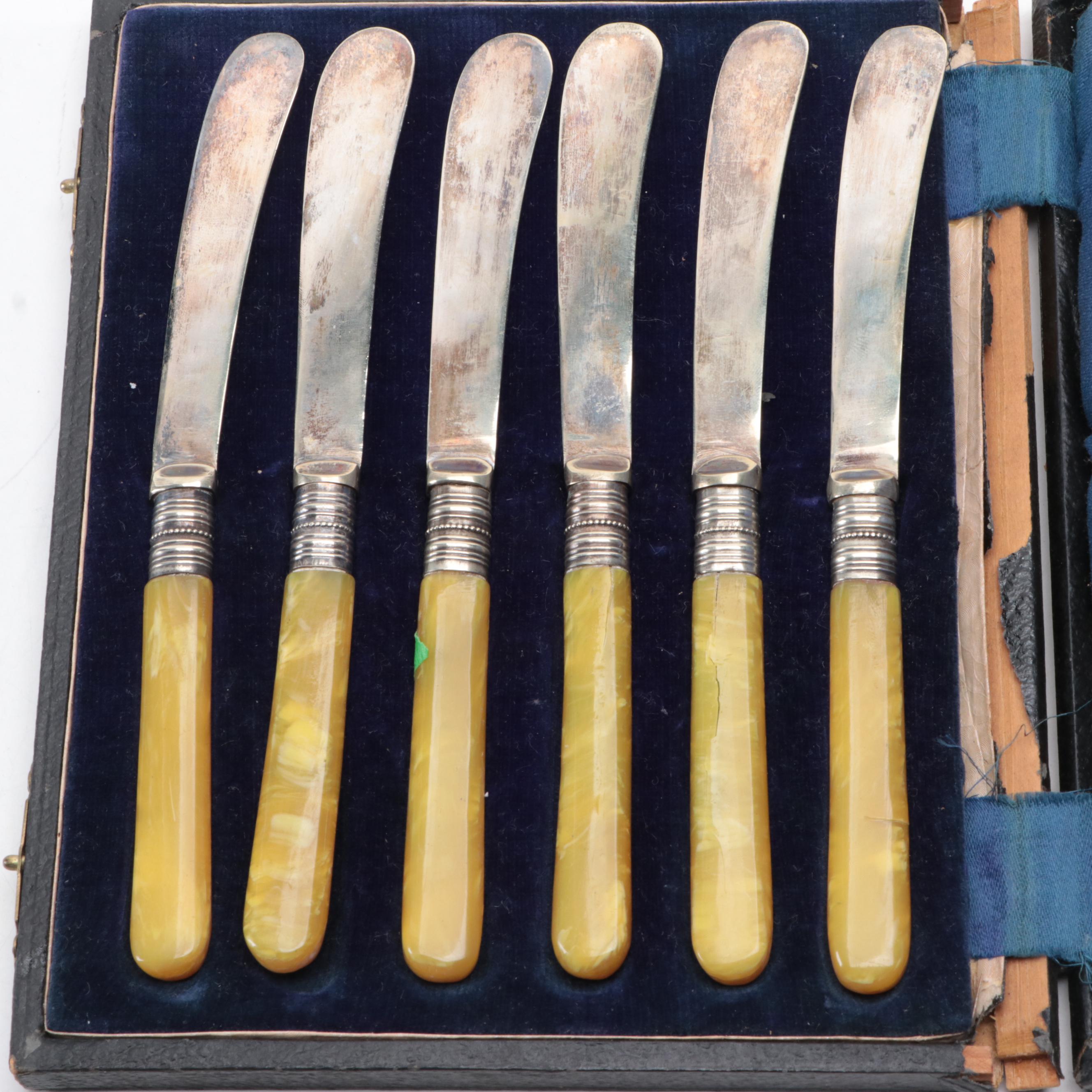 English Silver Plate and Pearlized Bakelite Handled Knives in Presentation Case