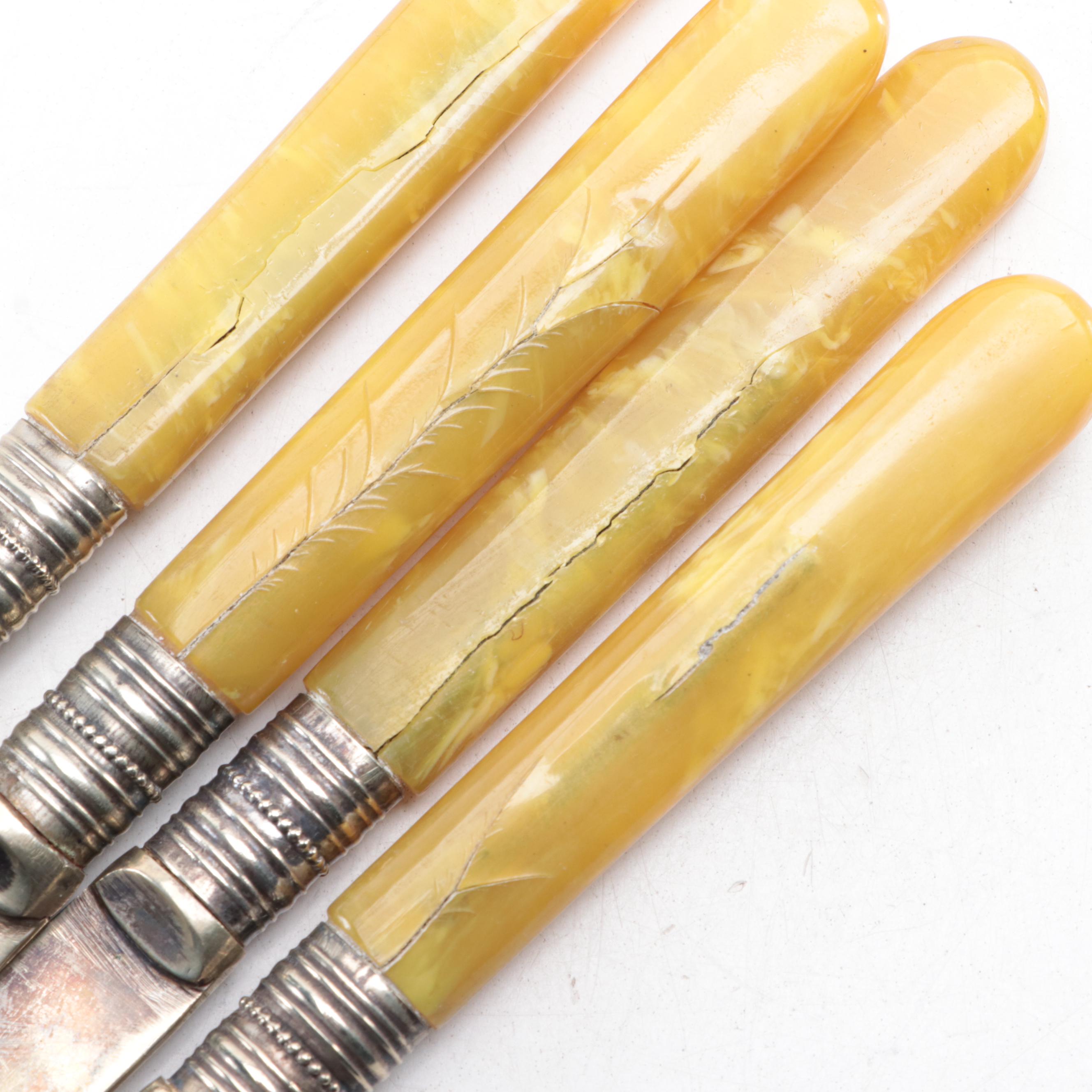 English Silver Plate and Pearlized Bakelite Handled Knives in Presentation Case